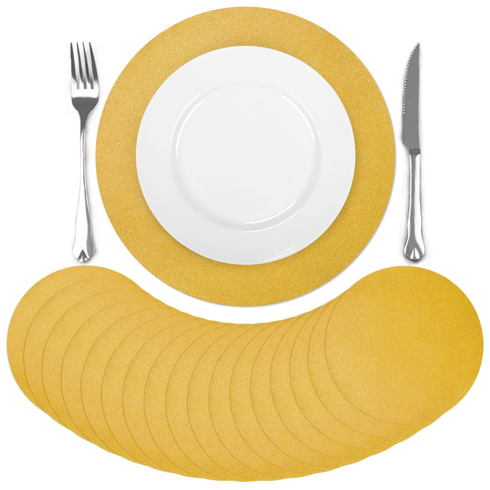 comfoyar 50 Pack Shiny Gold Disposable Placemats, 33cm Round Paper Place Mats, Glitter Table Mats Tableware Decoration for Plates Kitchen Dining Party Banquet Weddings Birthday Christmas