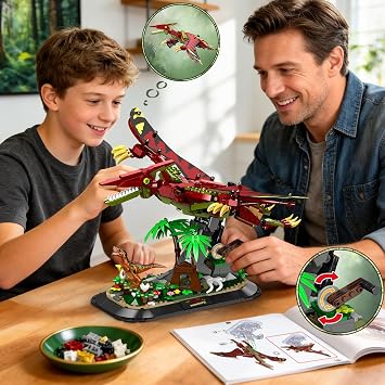 HOGOKIDS Mechanical Dinosaur Building Set with Movable Wings, 765 PCS Pterodactyl Model Kit with Jungle Display Stand, Interactive Dinosaur Toy, Home Decor STEM Gift for Adults Teens Kids Boys Age 8+