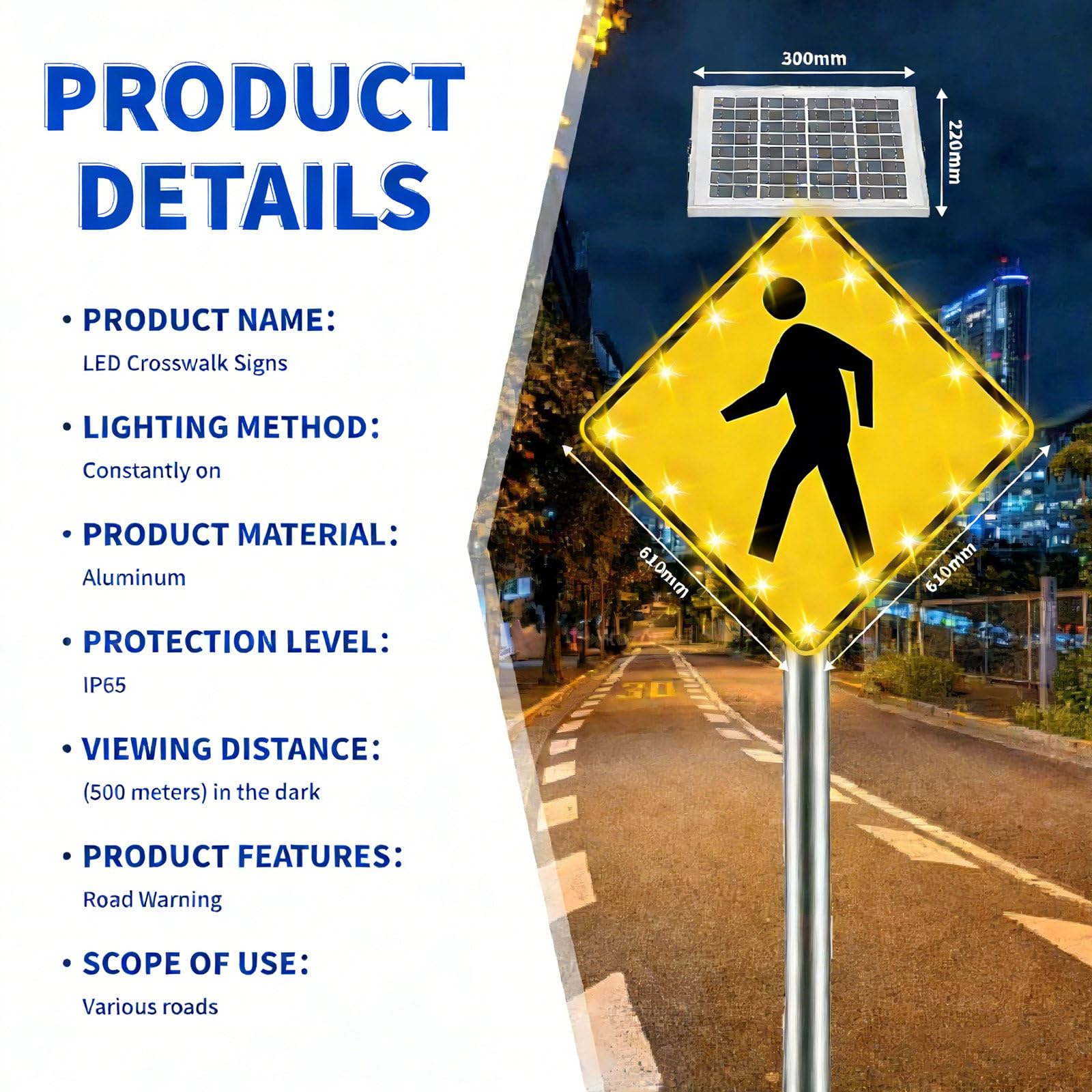 Señal Peatonal Solar con Luz LED Intermitente, 60x60cm o 75x75cm, Cartel de Reduzca Velocidad con Lámina Reflectante de Alta Intensidad, Marco de Aluminio Resistente para Seguridad Vial 24inches