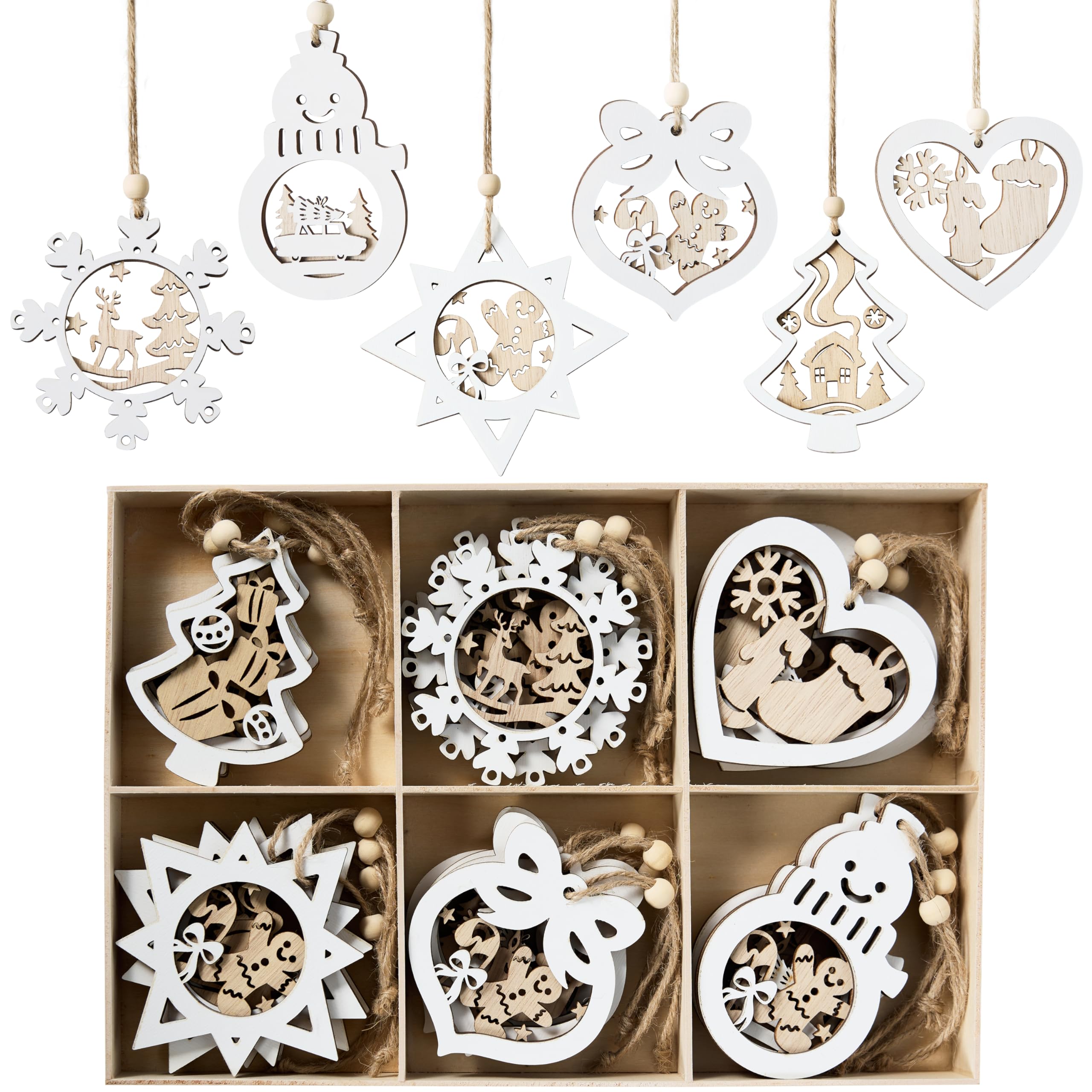 JOYIN 24 Pcs Christmas Wooden Carved Hanging Ornaments for Christmas Decor, Winter Paradise Decorations Rustic Farmhouse Home Decor, 24 Designs for Home Holiday Party Decoration Gifts
