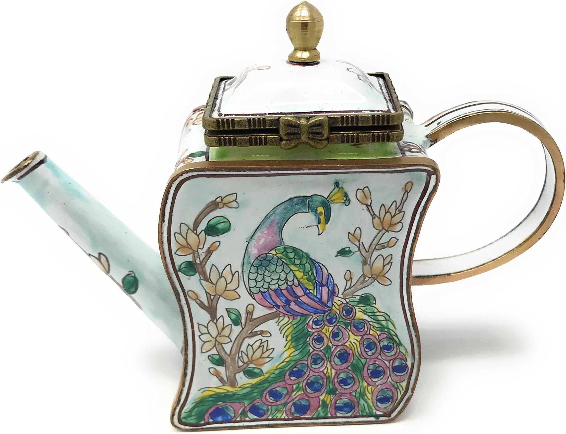 Peacock on a Branch Enameled Miniature Teapot Trinket Box by Kelvin Chen, 3.25"T