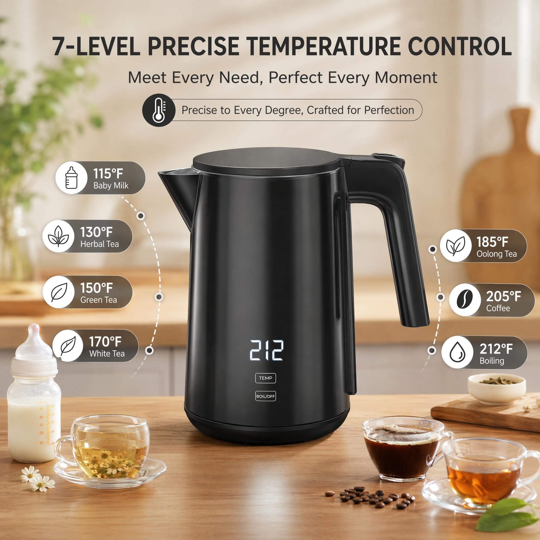 Electric Kettle 1.0L 1200W, 7 Temperature Settings with 4H Keep Warm