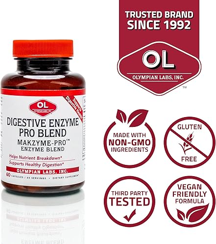Miniatura 4 de Olympian Labs Enzimas digestivas Makzyme-Pro, 60 cápsulas, descompone proteínas, carbohidratos, grasas, aceite y leche, 60 porciones