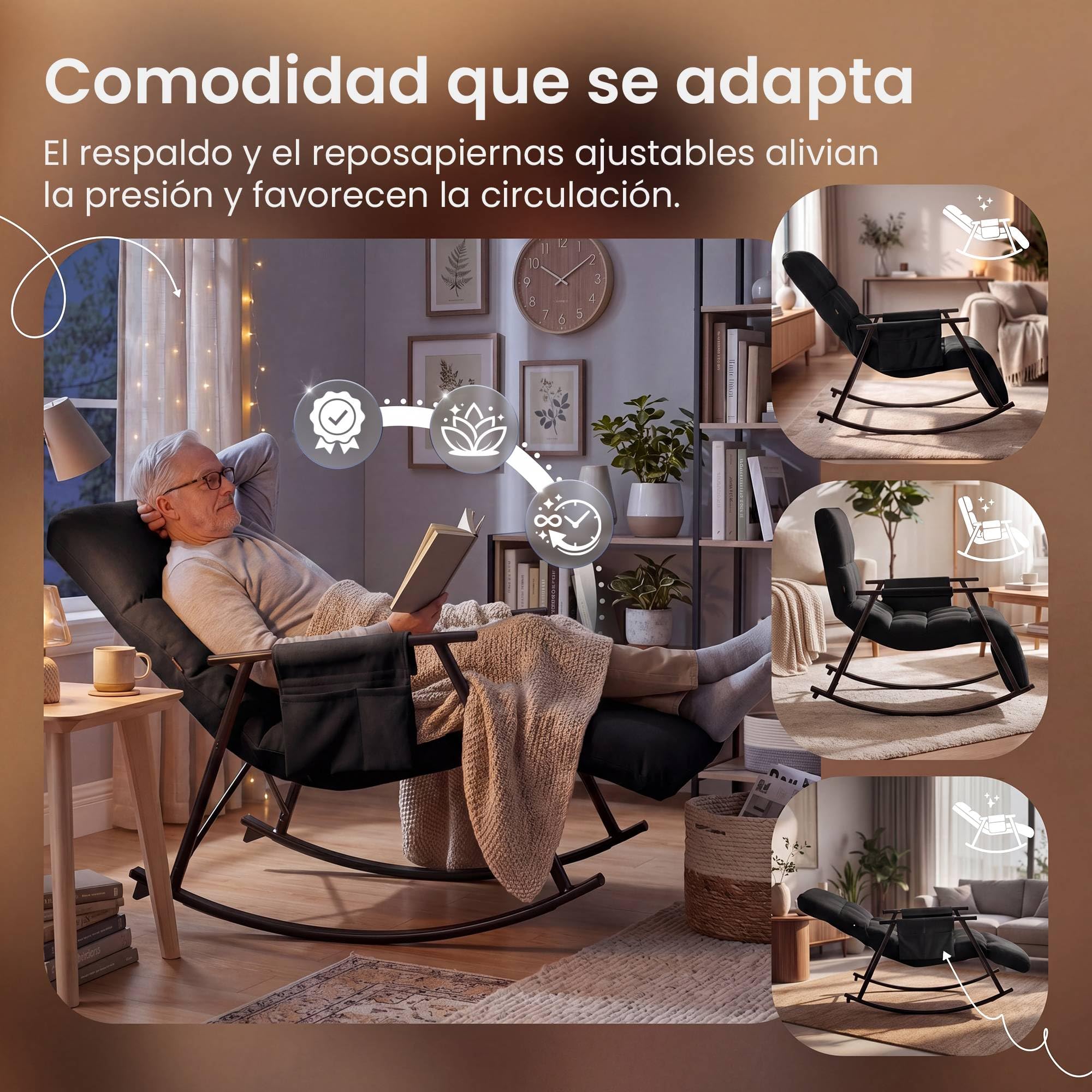 CLP Sillon mecedor Acolchado Elara con reposapies, Respaldo reclinable y Bolsillo Lateral, Apto para Lactancia Color:Negro;Material:Tela