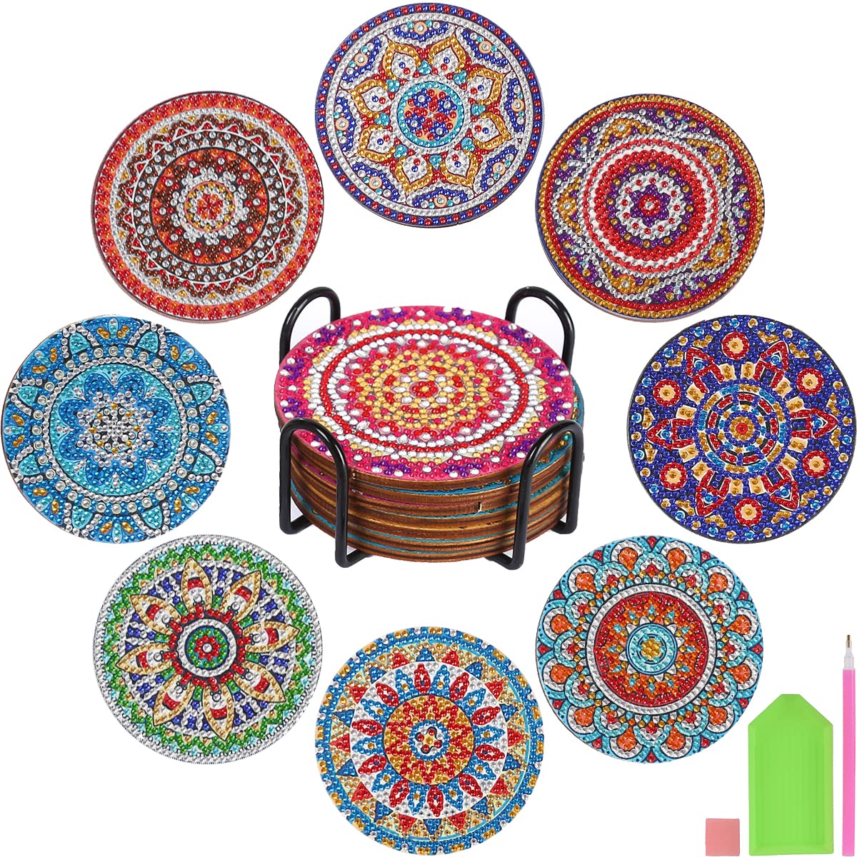 SDYGDB 8Pcs DIY Diamond Coasters Kit with Holder 4 Inch Rhinestone Painting Coasters Reusable Diamond Drawing Cup Mat Colorful Crystal Art Painting Cup Pad Crafts for Kid Adult Beginner(8pcs)