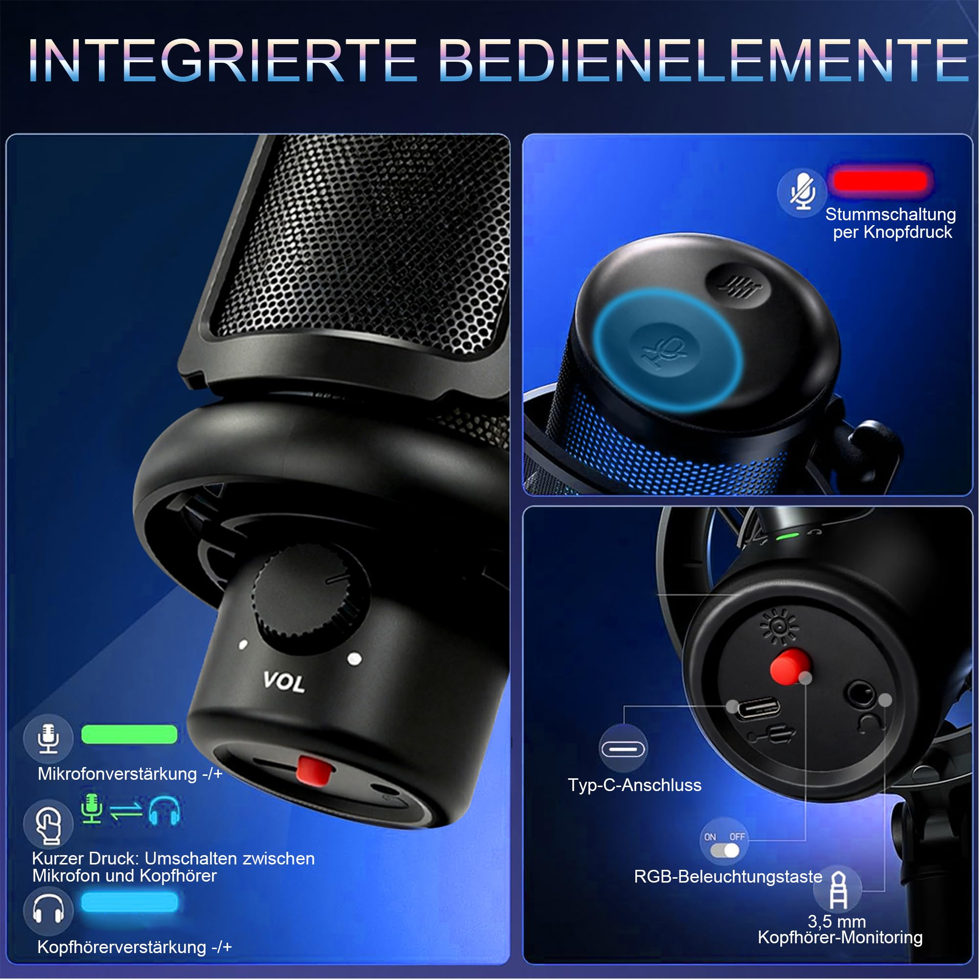 Micrófono USB para videojuegos con RGB, filtro pop y reducción de ruido (negro)