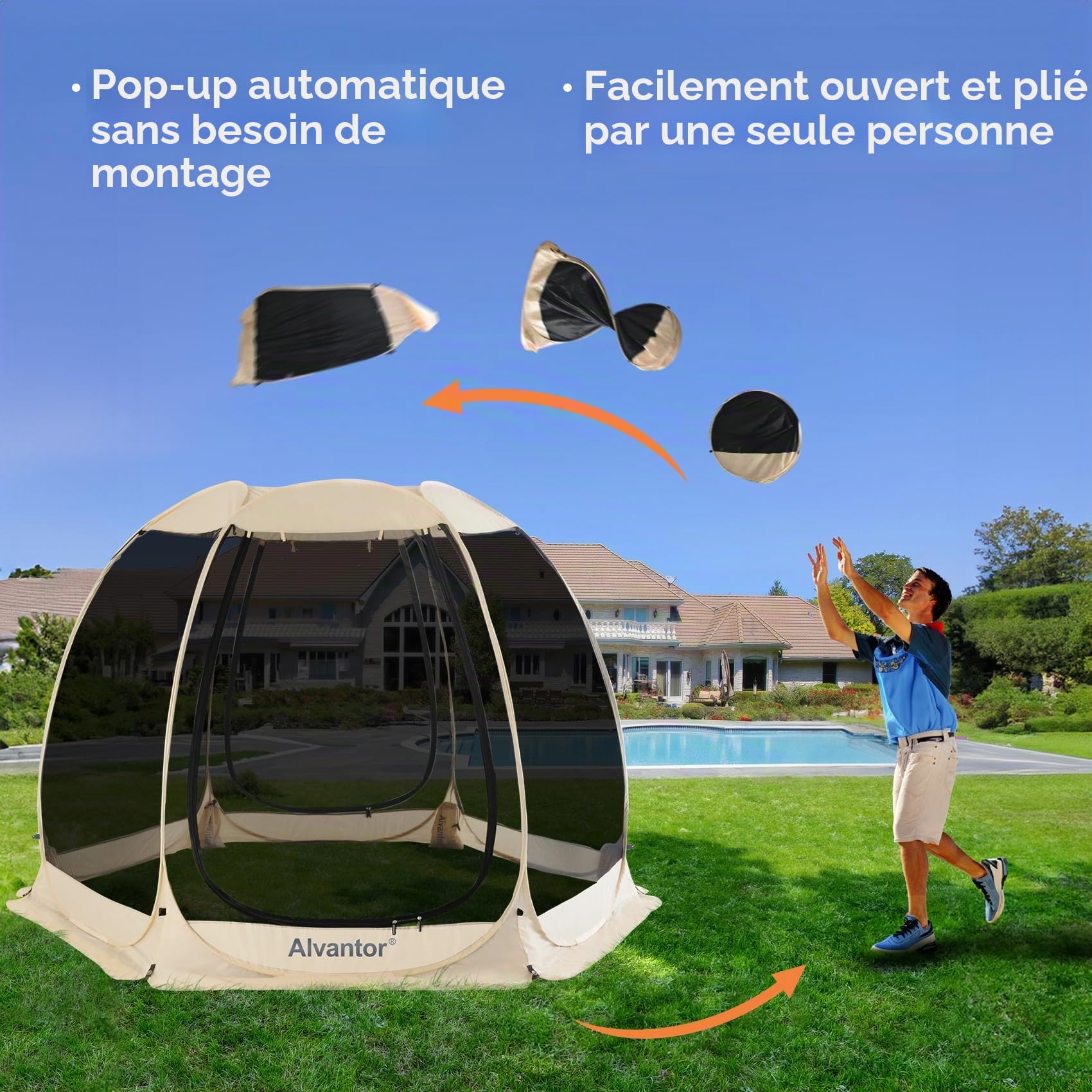 Alvantor Tonnelle de Jardin, Moustiquaire Tonnelle Auvent Igloo Pop Up pour 4-6 Personnes Parois, Pare-Soleil Instantané Résistant Aux UV pour Jardin, Patio, Arrière-Cour (10'x10', Beige)