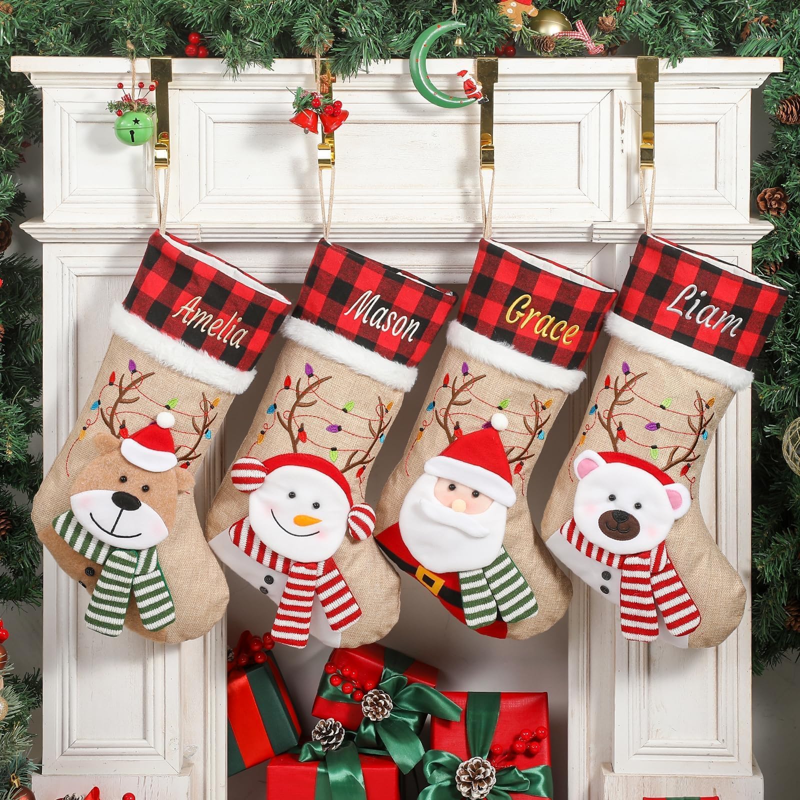 Infiher Personalised Christmas Stockings with Embroidered Name & Monogram,Custom 3D Xmas Character Stocking 5 Pack 18” Large,Santa,Snowman & Reindeer Fireplace Hanging Red Burlap Plaid Stockings(C)