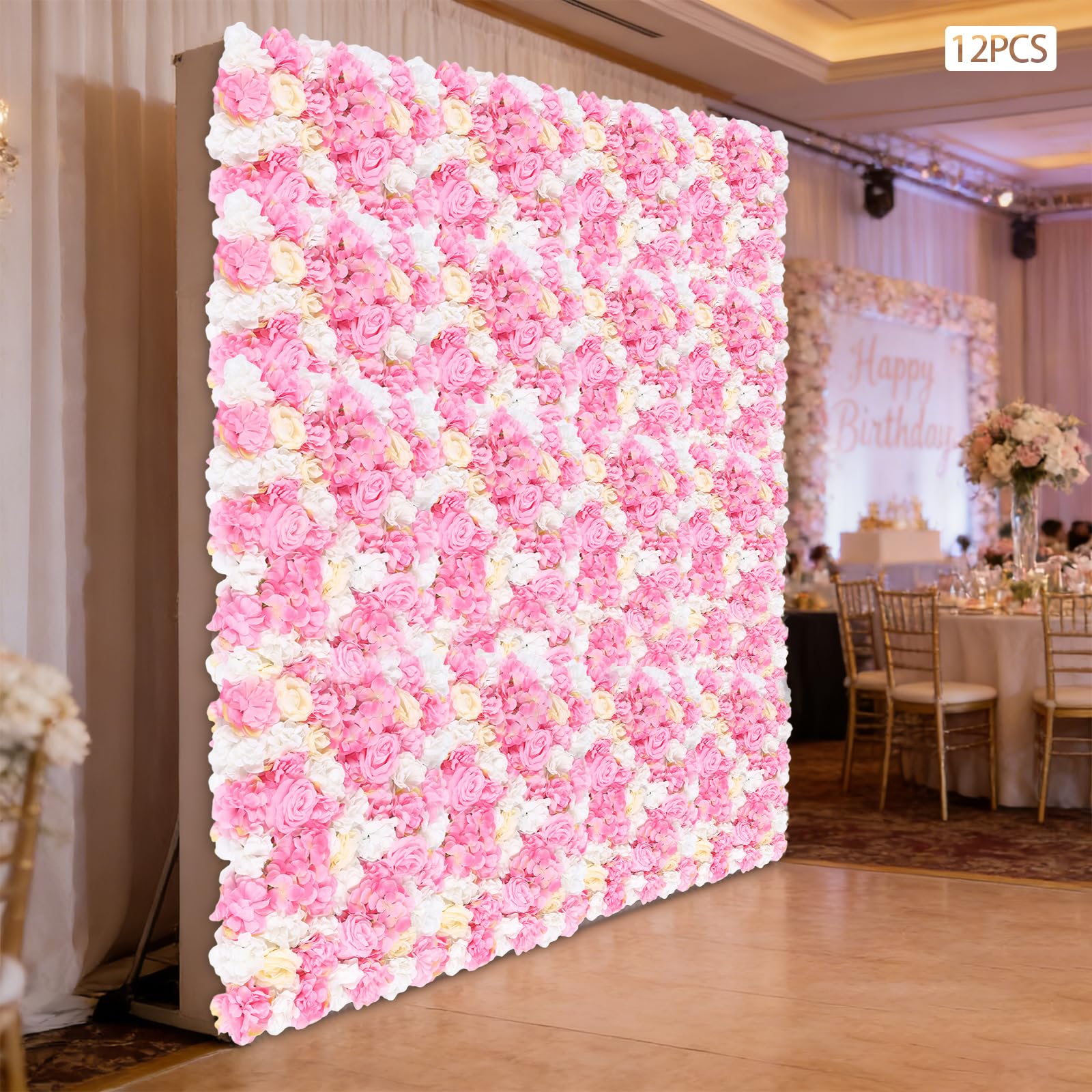 12 Stück Rosa Künstliche Blumen-Wandpaneel, 60 x 40CM Seide Rose Wanddekoration Blumenhintergrund Kunstblumen Deko Rosenwand Dahlienrose für Weddind Bühne Party Foto Hintergrund Heimdekoration