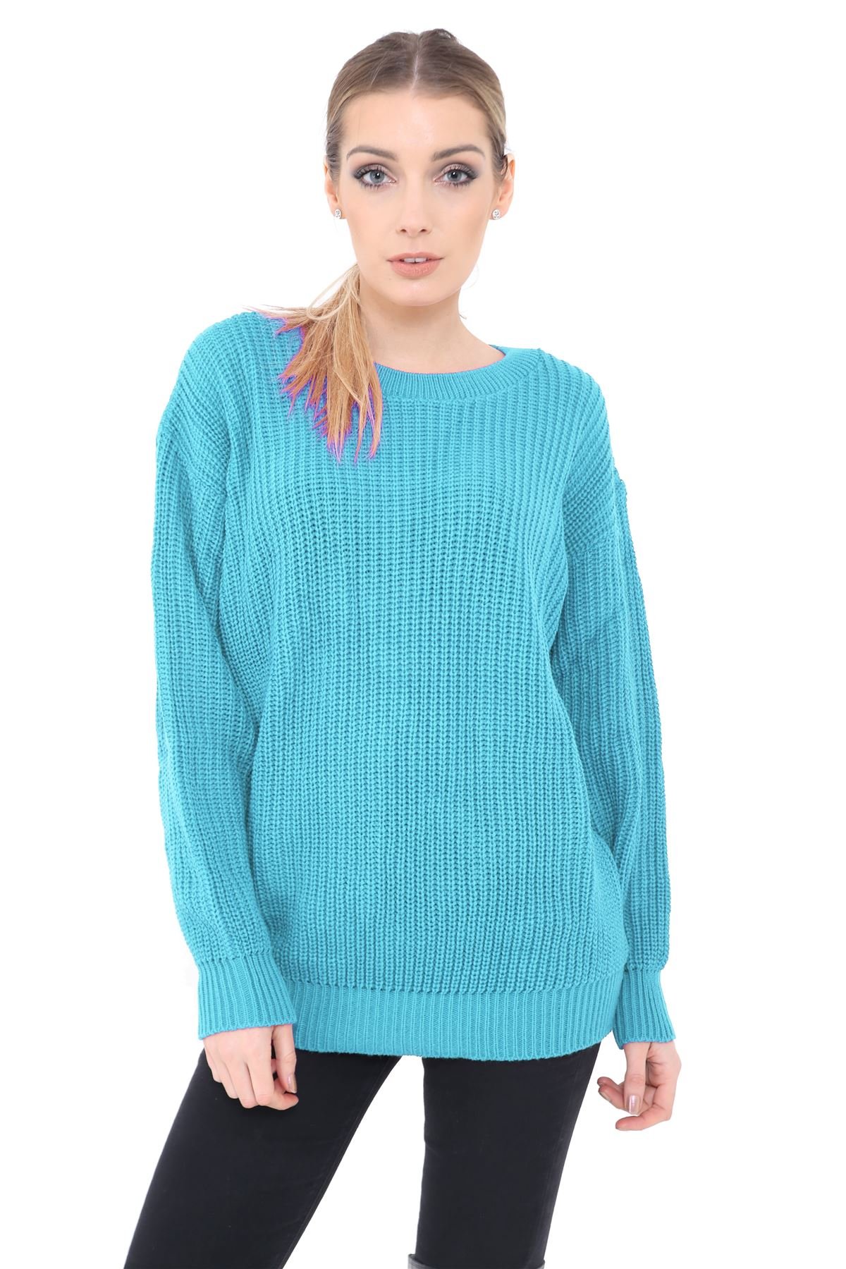 Ladies Women Knitted Long Sleeves Crew Neck Over Sized Baggy Jumper Chunky Knit Sweater Top Long Sleeves[Turquoise,LXL]