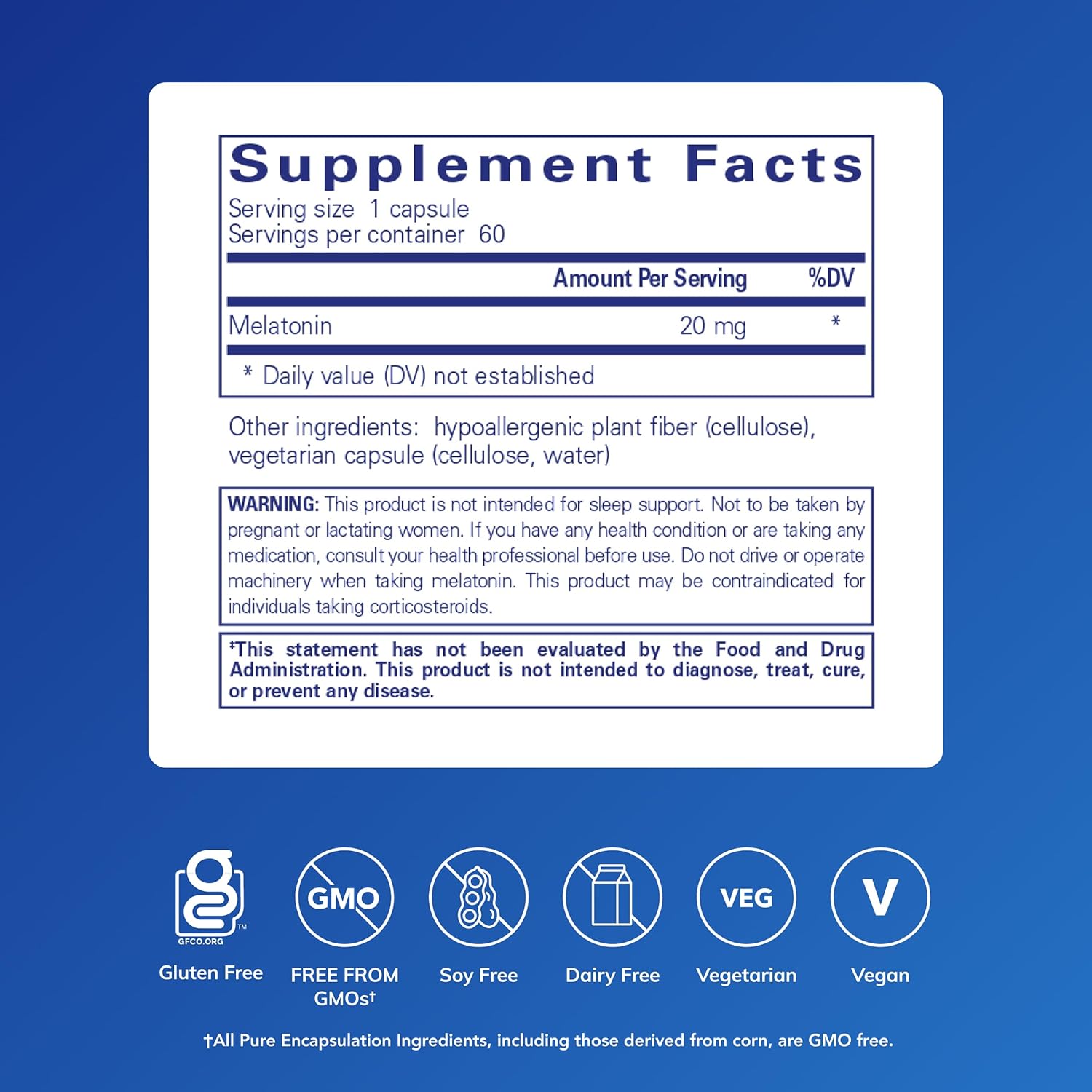 Pure Encapsulations Melatonin 20 mg - Not Intended for Sleep Support - for Immune System & Healthy Cells - 99.5% Purity Melatonin - Gluten Free & Non-GMO - 60 Capsules