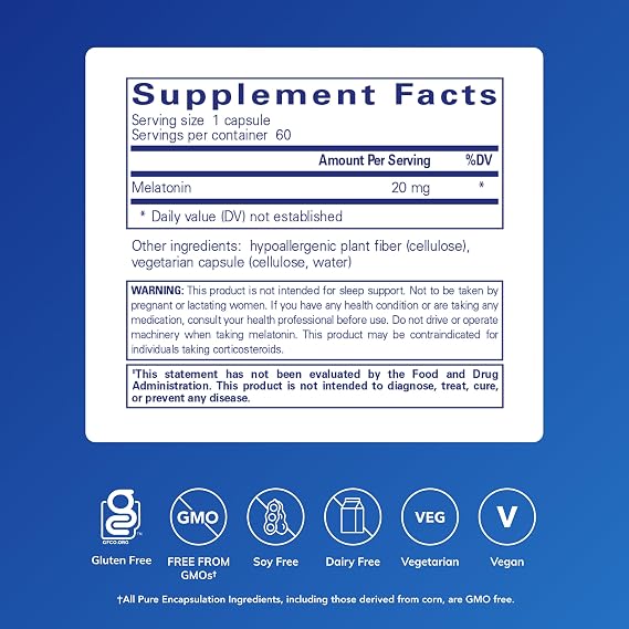 Pure Encapsulations Melatonin 20 mg - Not Intended for Sleep Support - for Immune System & Healthy Cells* - 99.5% Purity Melatonin - Gluten Free & Non-GMO - 60 Capsules