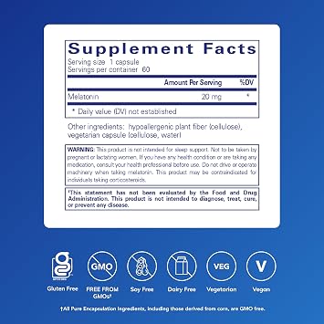 Pure Encapsulations Melatonin 20 mg - Not Intended for Sleep Support - for Immune System & Healthy Cells* - 99.5% Purity Melatonin - Gluten Free & Non-GMO - 60 Capsules