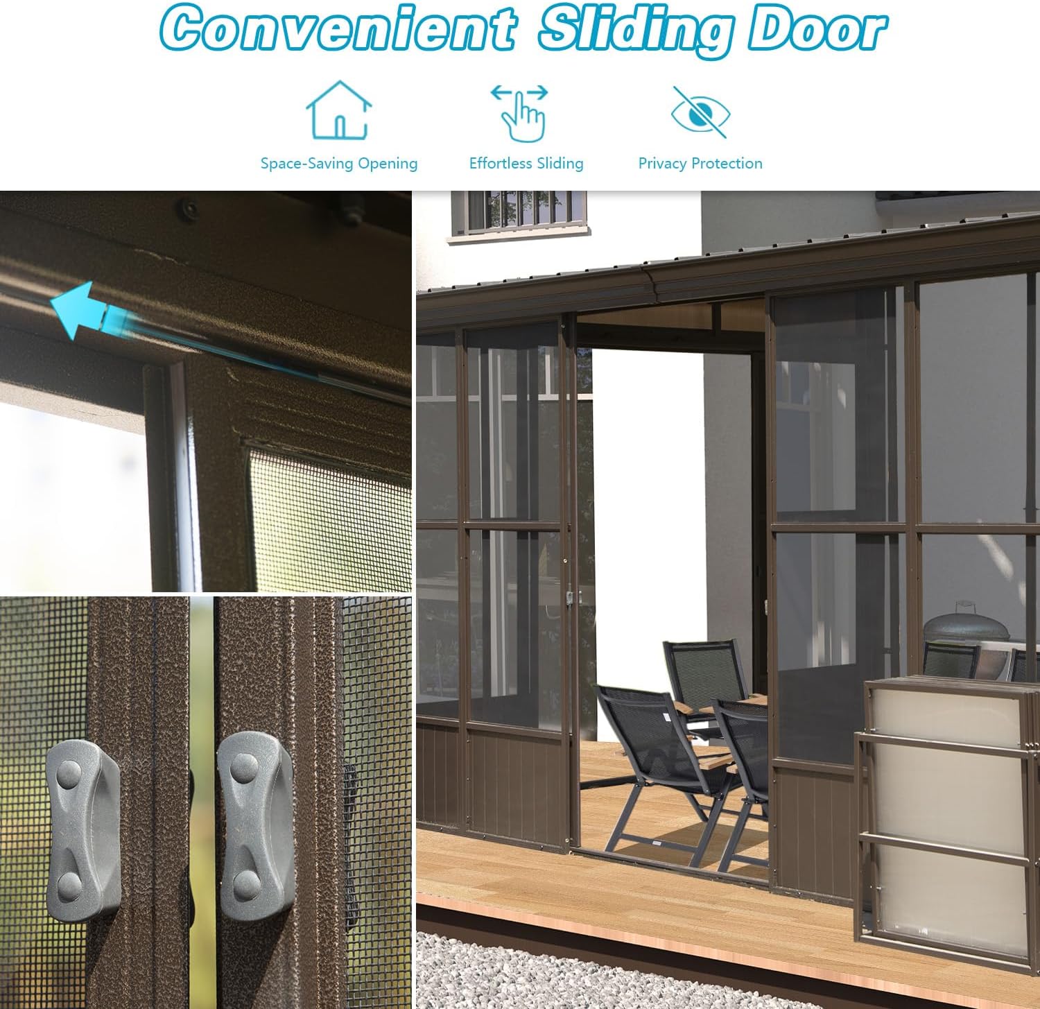 Domi Sunroom Gazebo with wall panel storage shelves and adjustable extra support poles.