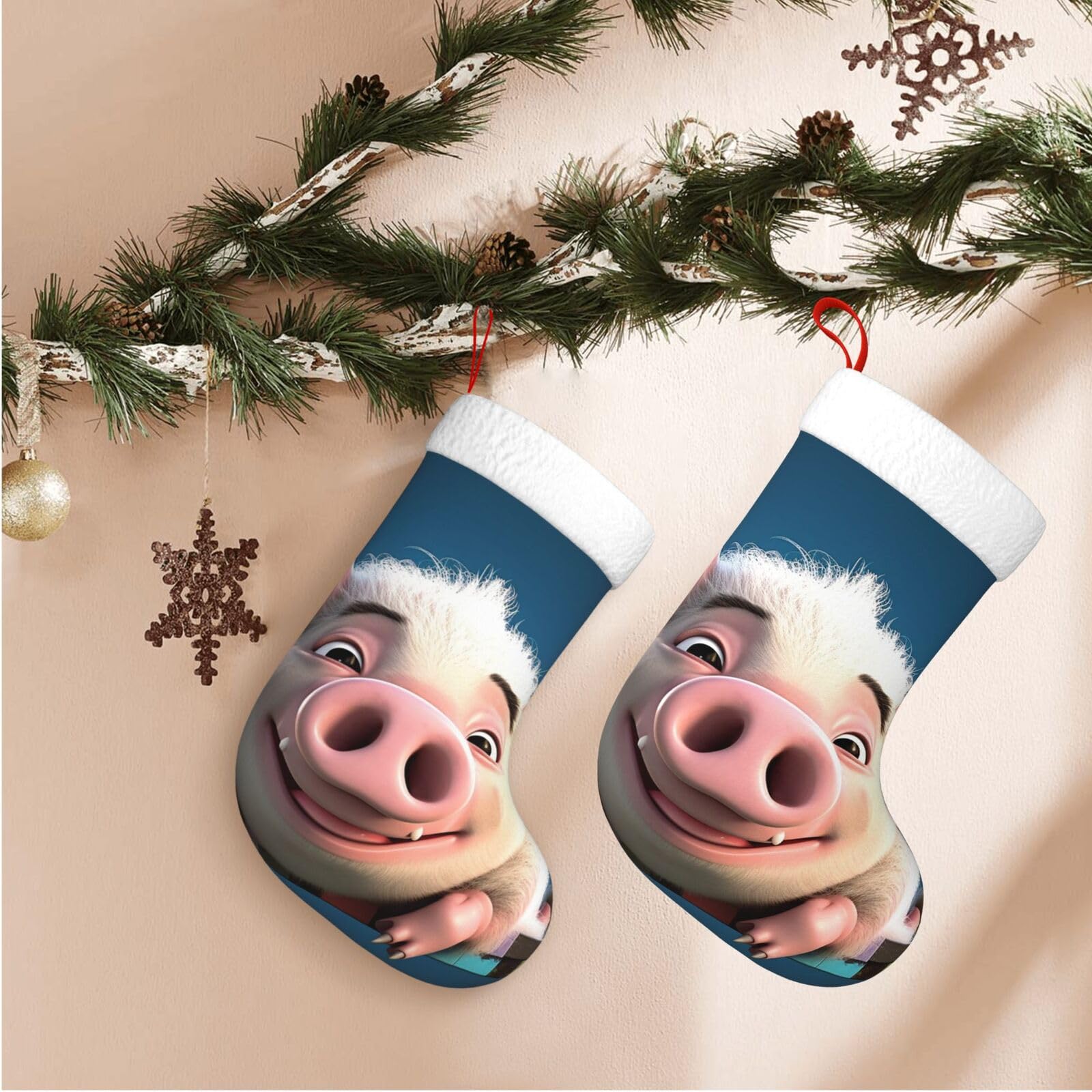 17.7" Christmas Stocking 1 Piece, Smiling Xmas Stockings with White Plush Cuff Fireplace Hanging Stocking for Christmas Holiday Party Decoration