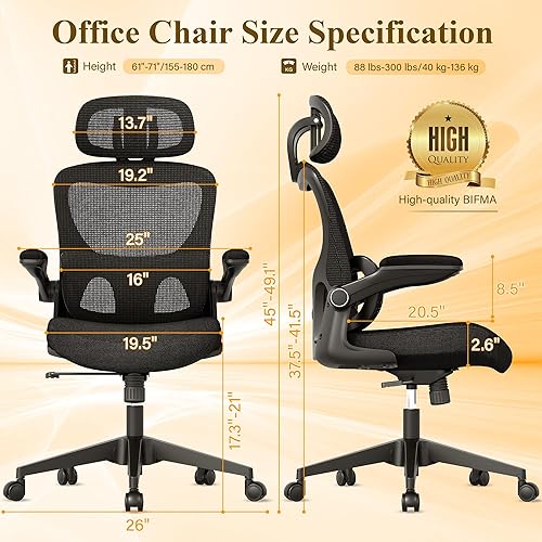 Miniatura 2 de SUNNOW Silla de oficina, silla de escritorio ergonómica con soporte lumbar ajustable y reposacabezas, silla giratoria de malla para juegos con