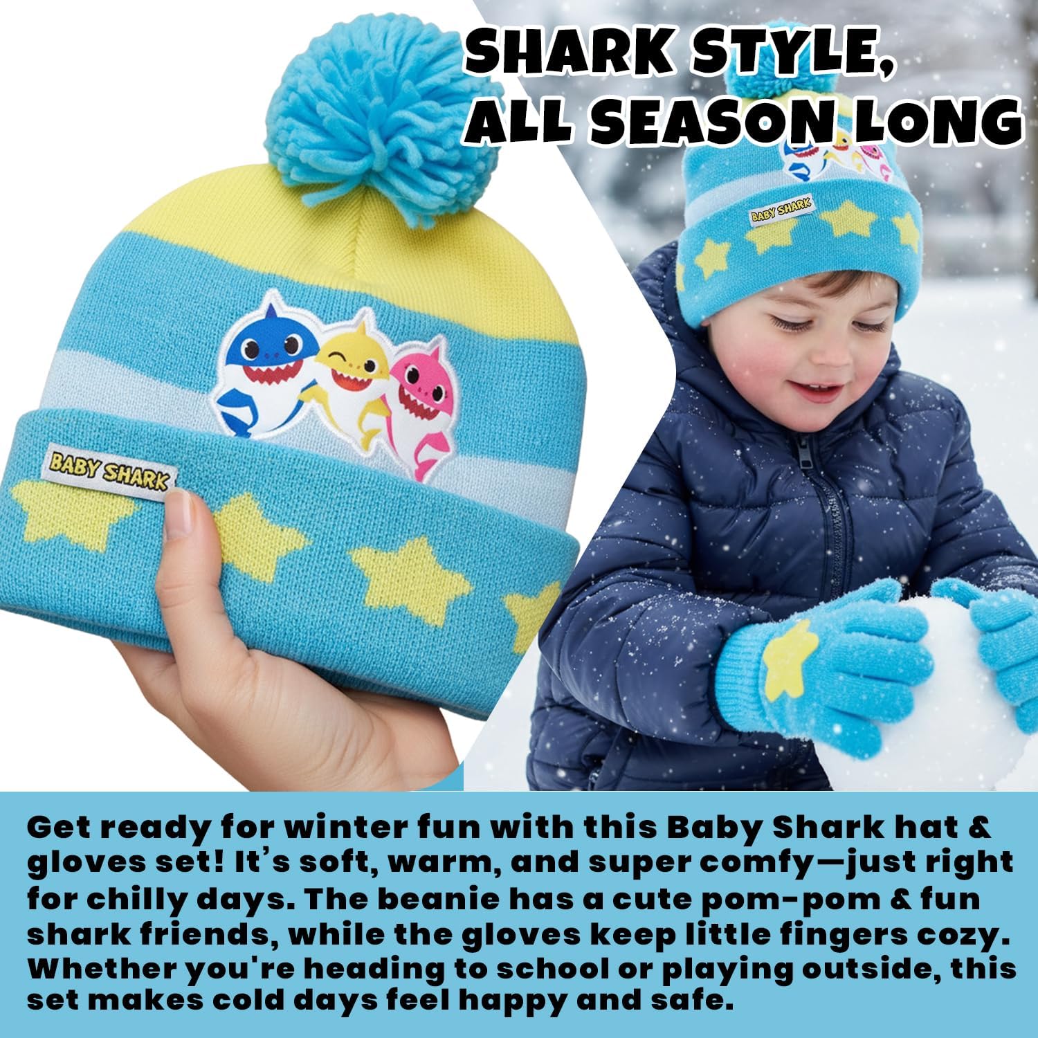 Nickelodeon Boys' Baby Shark Winter Hat and 2 Pairs of Mitten Set (Toddler) - Image 5