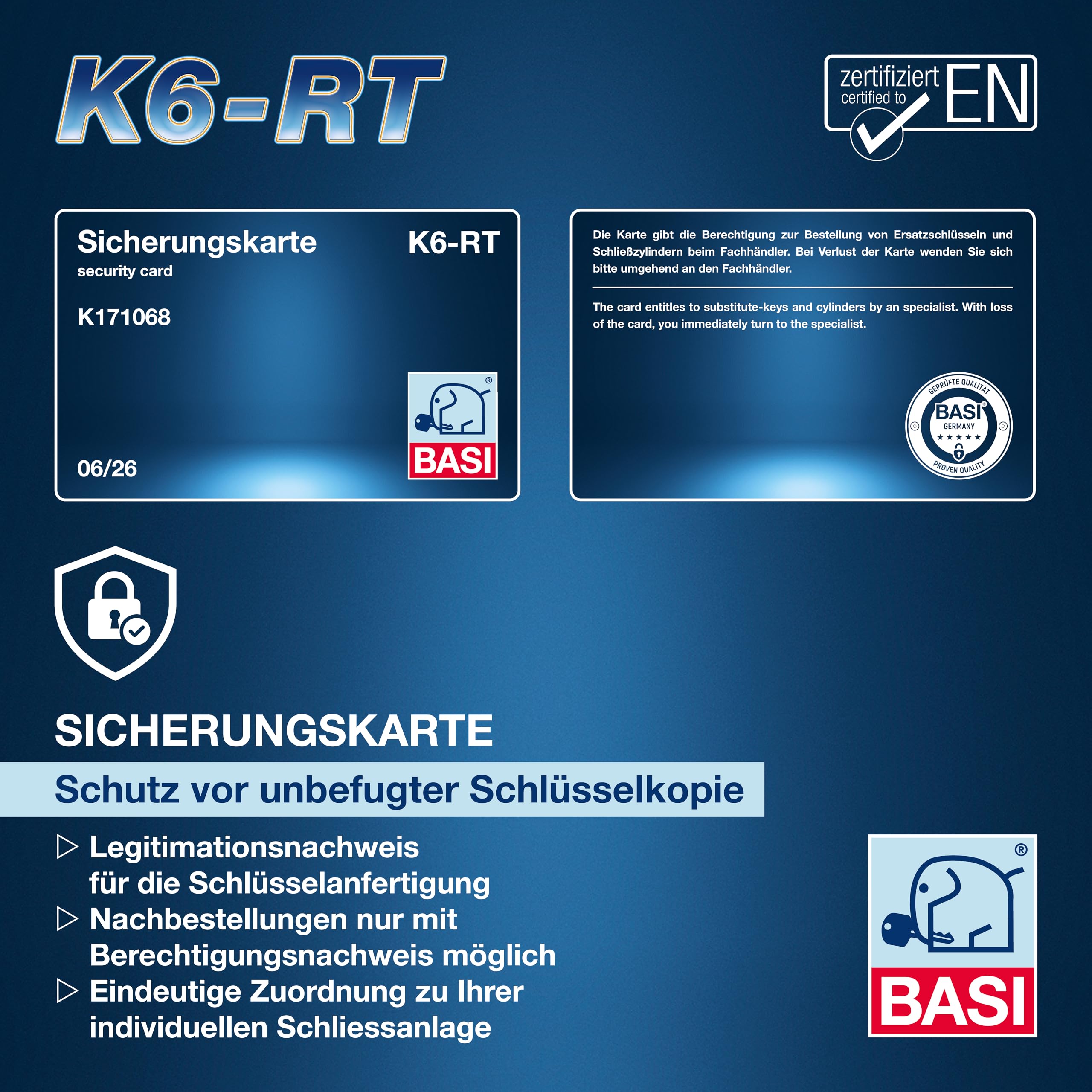 BASI | K6-RT Profilzylinder System mit Sicherungskarte und Kopierschutz | Konfigurator für Schließanlagen | Schließzylinder nach Wunsch frei kombinierbar | Gleichschließend | 3er SET