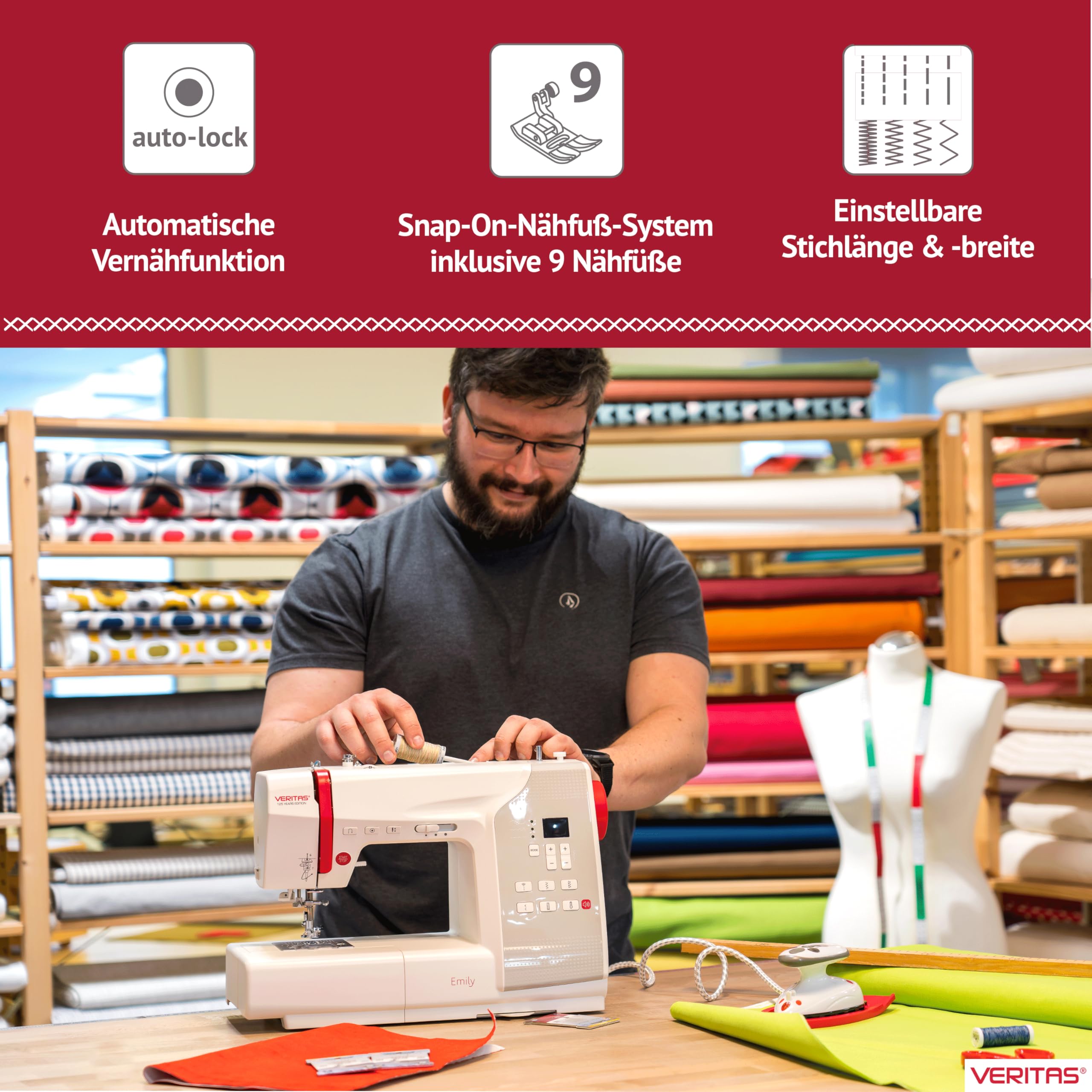 VERITAS Anfänger-Nähmaschine Emily I Computer-Nähmaschine I Freiarm I mit Fußpedal I Einfädelhilfe & Fadenabschneider I 80 Stiche I Stichlänge & Stichbreite anpassbar I LED-Display & Nählicht (weiß)