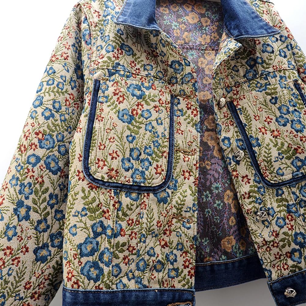 Genérico Moda para Mujer Patrón Floral Retro Solapa Clásica Versátil Chaqueta De Mezclilla Recortada Primavera Y Otoño Elegante Tendencia Callejera Chaqueta De Manga Larga