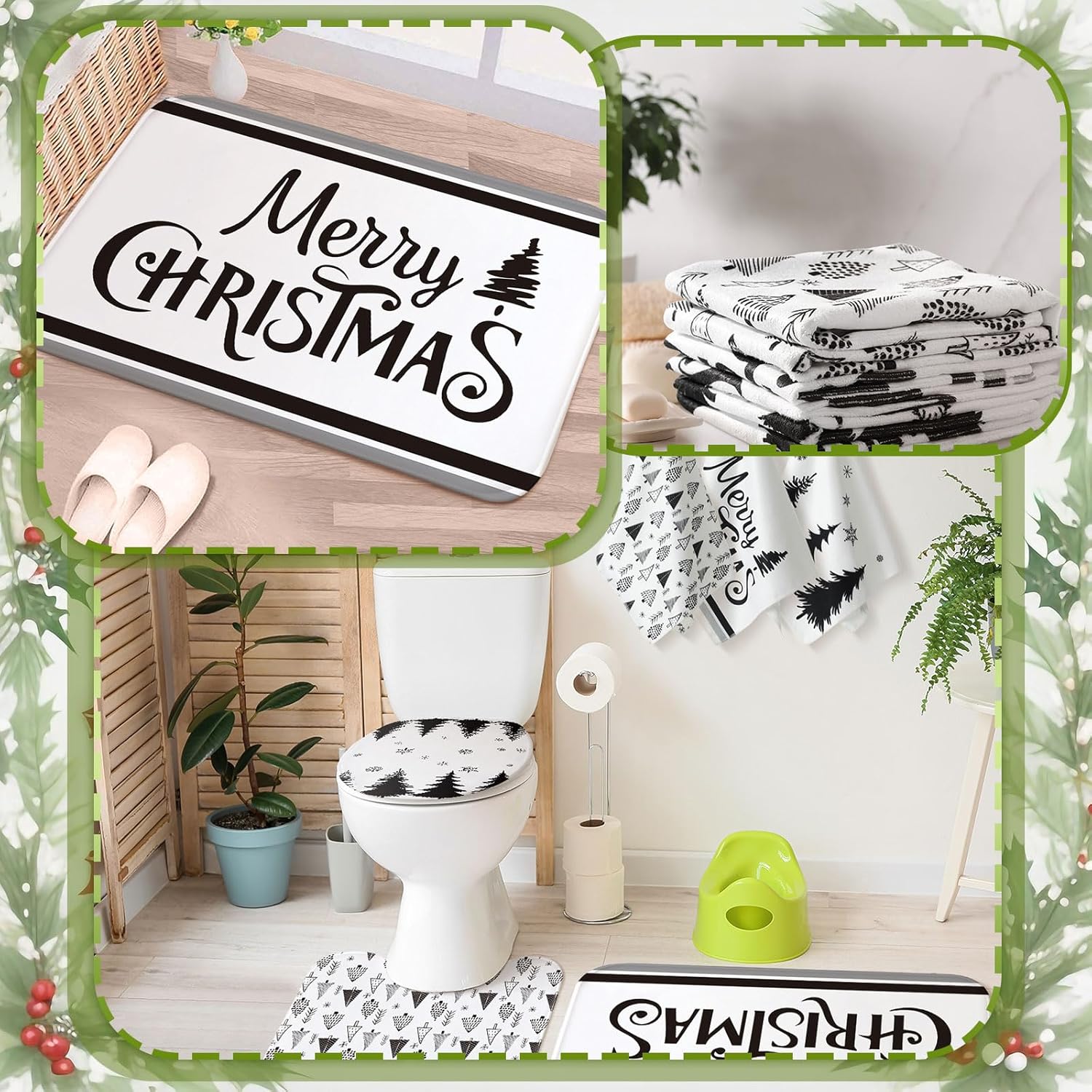 Newwiee 7 Pcs Christmas Bathroom Set Xmas Shower Curtain Decor Shower Curtain Non Slip Rugs and Kitchen Towels 3 Bathroom Decor Accessories for Christmas Holiday(Tree)