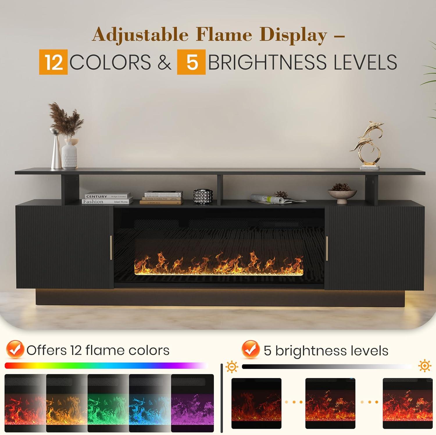 70” Fluted TV Stand with 36” Electric Fireplace, 2 Tier TV Console Cabinet with Storage Cabinet, LED Lights, Power Outlet, Modern Wood Entertainment Stand Fits TVs up to 80" for Living Room (Black)
