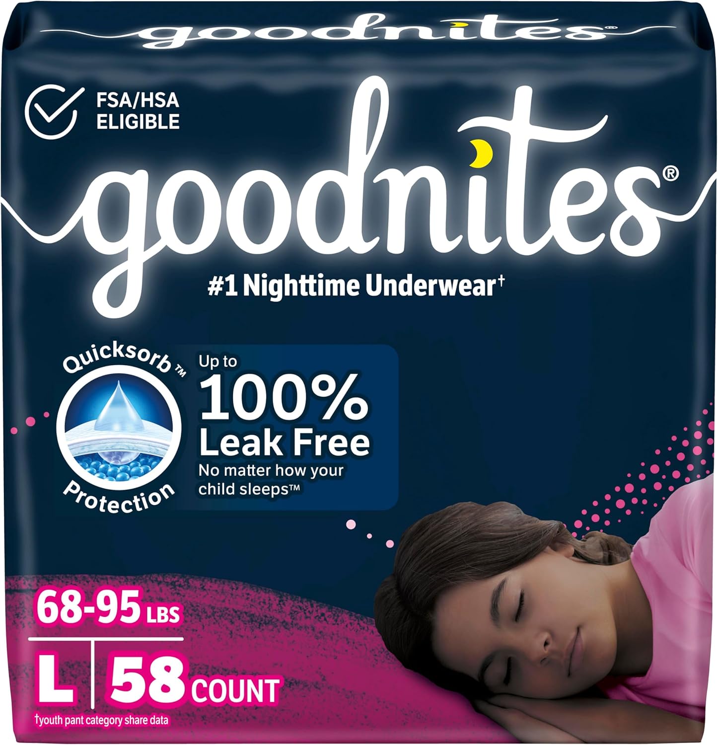 Goodnites Girls' Nighttime Bedwetting Underwear, Size Large (68-95 lbs), 58 Ct (2 Packs of 29), Packaging May Vary Large 58