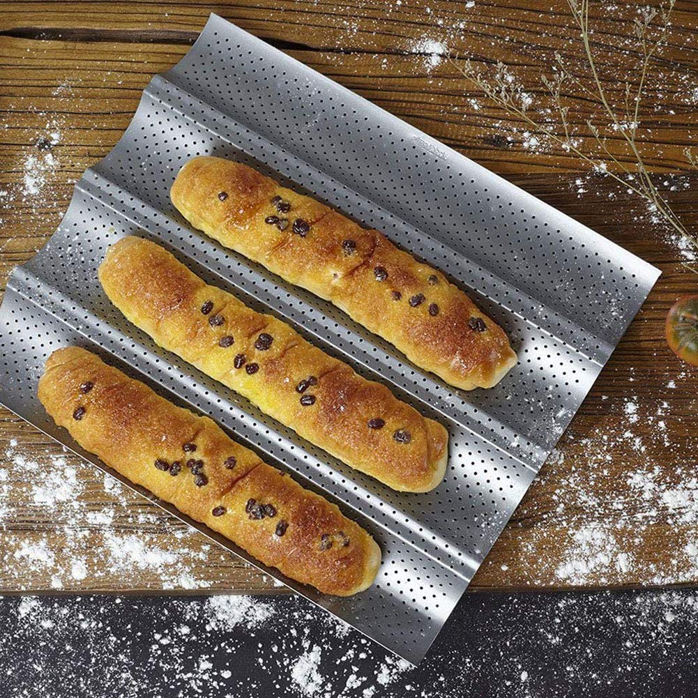 Baguette Baking Tray, Nonstick Wave Mould Fast and Evenly Heating, Perforated Baguette Kitchen Gourmet Making Pan, Baking Sheet, for French Bread, Stick Bread, Toast Maki(Silver 4 Baguettes-1Pcs)