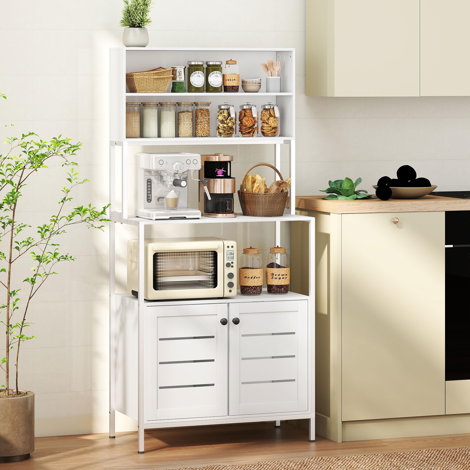 HOMCOM Scaffale Cucina con Ripiani, 2 Prese di Ricarica USB e AC, Scaffale per Microonde con Armadietti con Porte a Persiana, Mobile Cucina Salvaspazio in Legno e Acciaio, 80x42x171 cm, Bianco