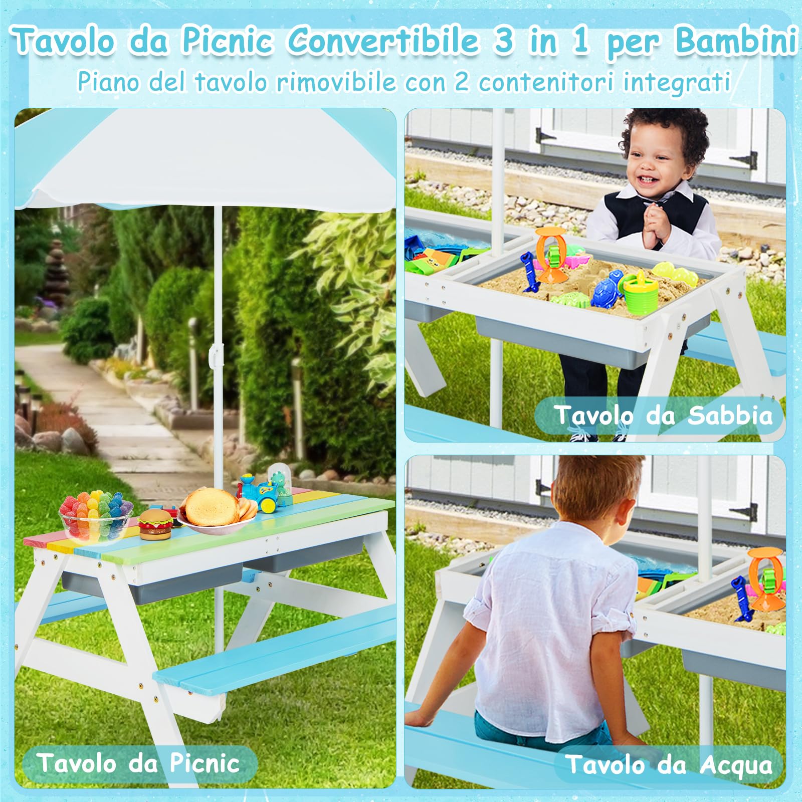 COSTWAY Set Tavolo e Sedie per Bambini da Giardino 3 in 1, con Ombrellone Rimovibile e Regolabile, Piano Rimovibile, Tavolo con Panche in Legno per Bambini da Interno Esterno (Blu e Bianco)