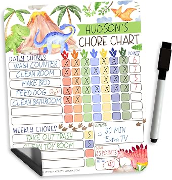 Hadley Designs Magnetic Chore Chart for Kids Reward Chart for Kids, Dry Erase Responsibility Board for Children at Home, Fridge Behavior Tracker for Daily Weekly Tasks, Dinosaur Toddler Chore Board
