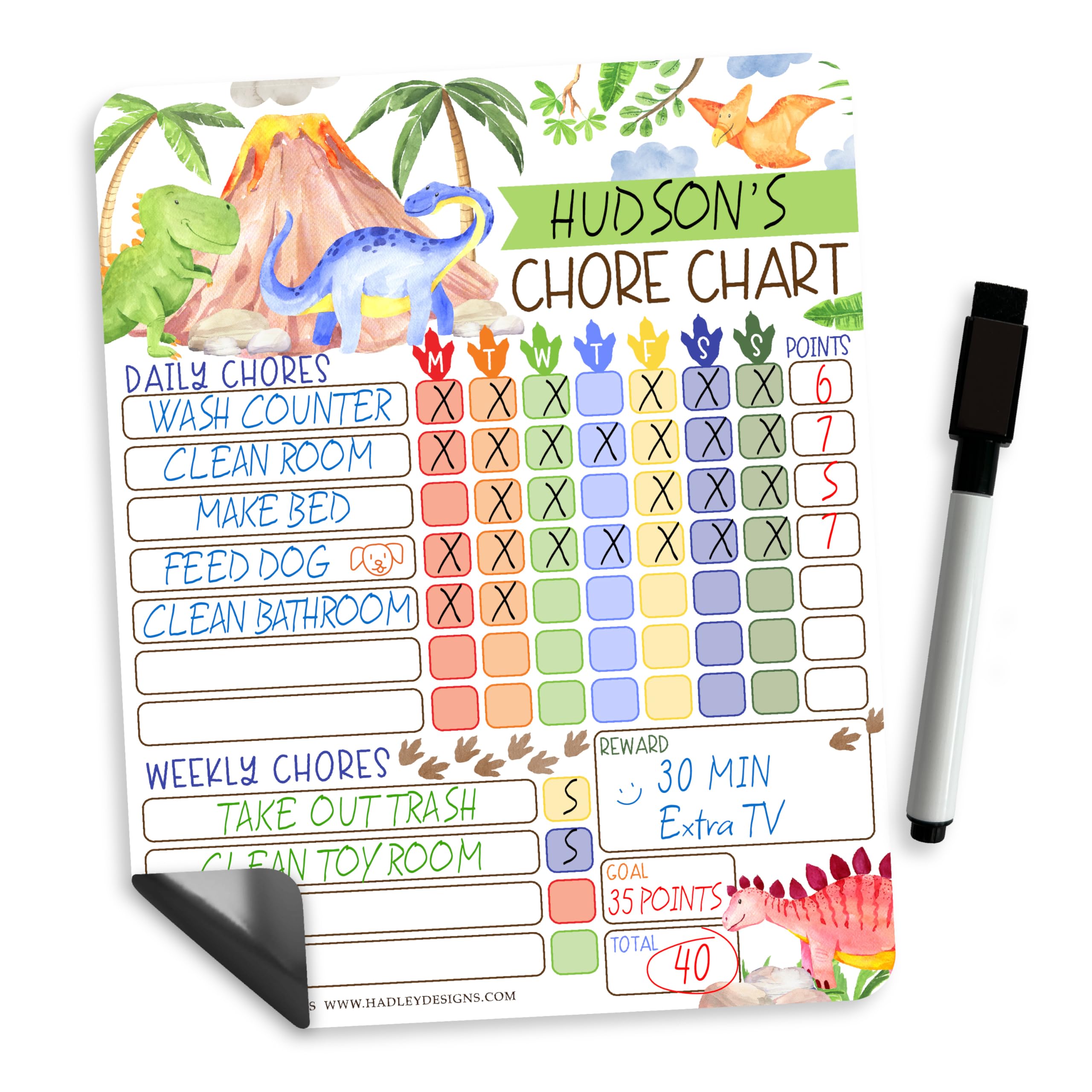 Magnetic Chore Chart for Kids - Good Behavior Chart for Kids at Home, Dry Erase Daily, Weekly Responsibility List, Dinosaur Chore Board