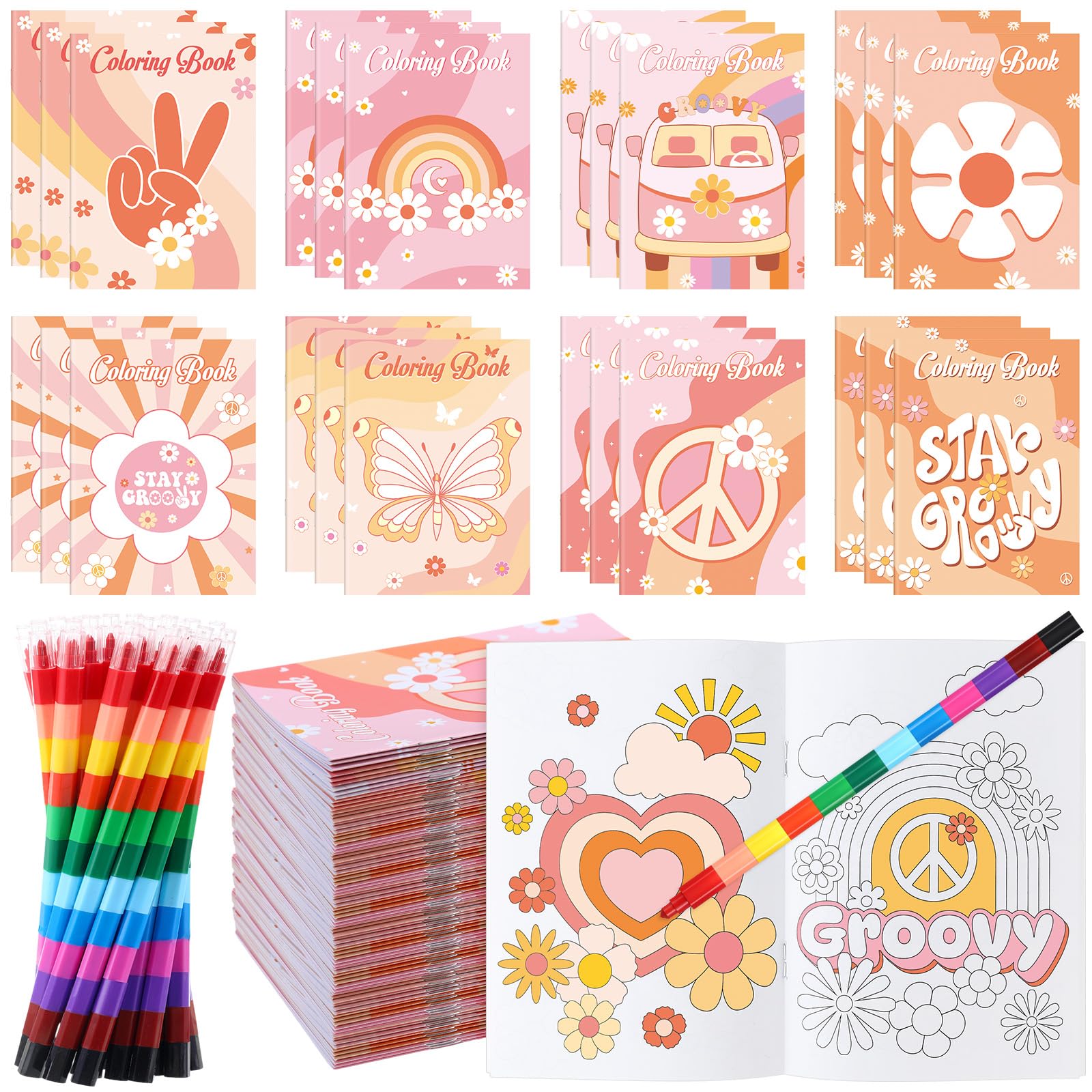Funrous 24 Pcs Hippie Boho Coloring Books with 24 Stacking Crayons Set Stay Groovy Mini Coloring Book Peace Sign Vibe Bus Daisy Rainbow Activity Gifts