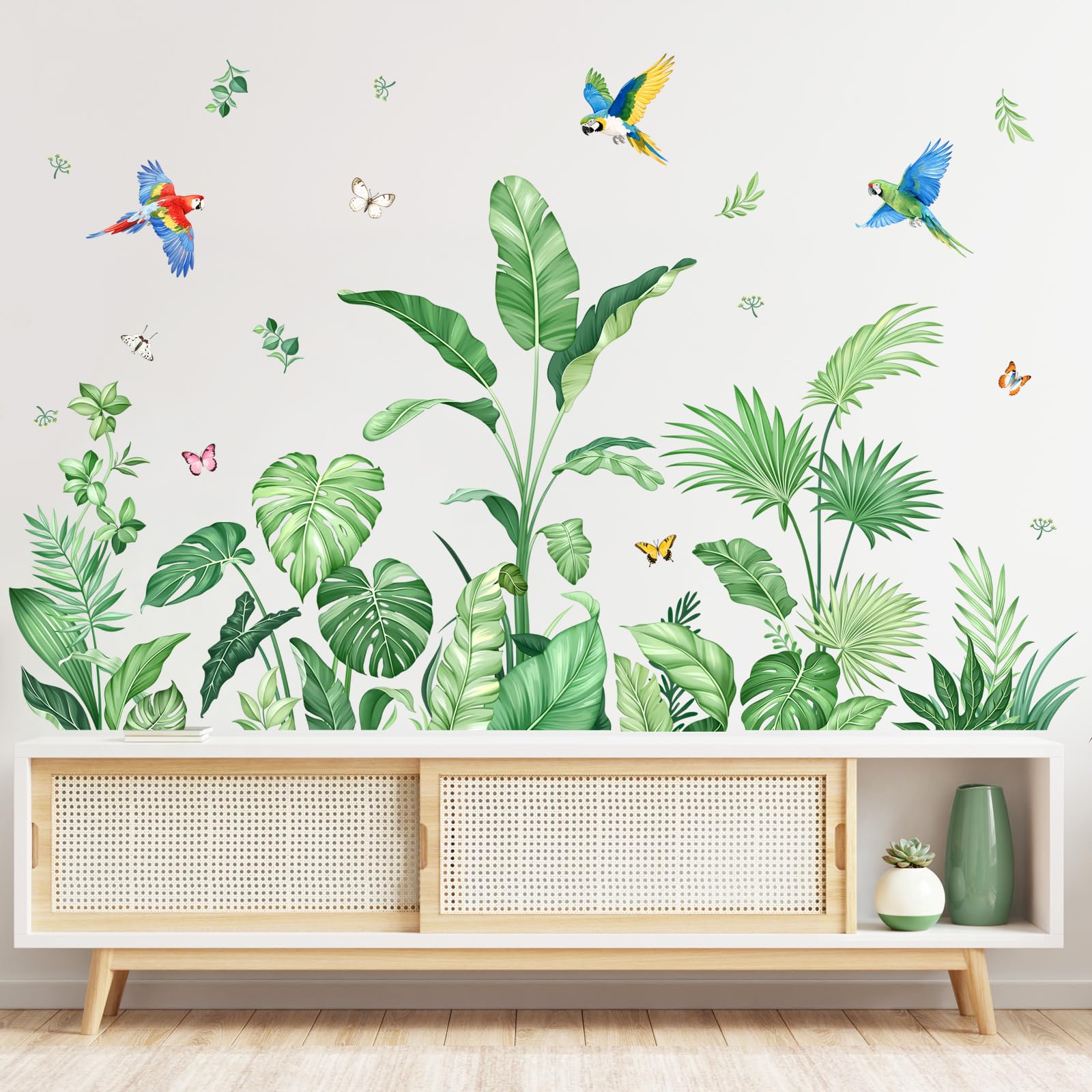 Supzone Tropical Jungle Leaves Wall Stickers Palm Leaf Plants Birds Wall Decals Green Wall Art Decor for Living Room Bedroom Office Decor