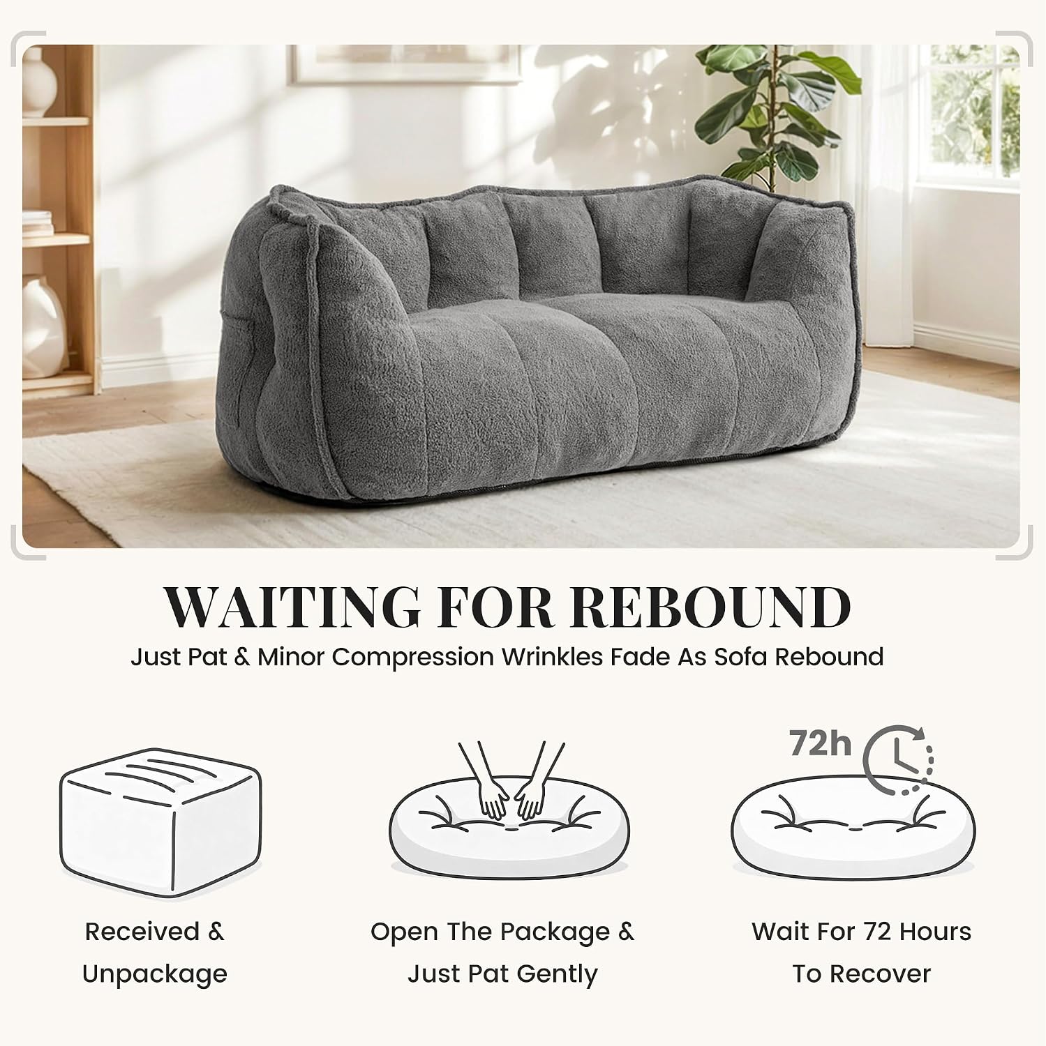 59" Bean Bag Chair, 2-Seat Loveseat Sofa Bed for Adults, Washable Cover,72H Rebound, Fluffy Comfort for Living Room,Bedroom,Grey