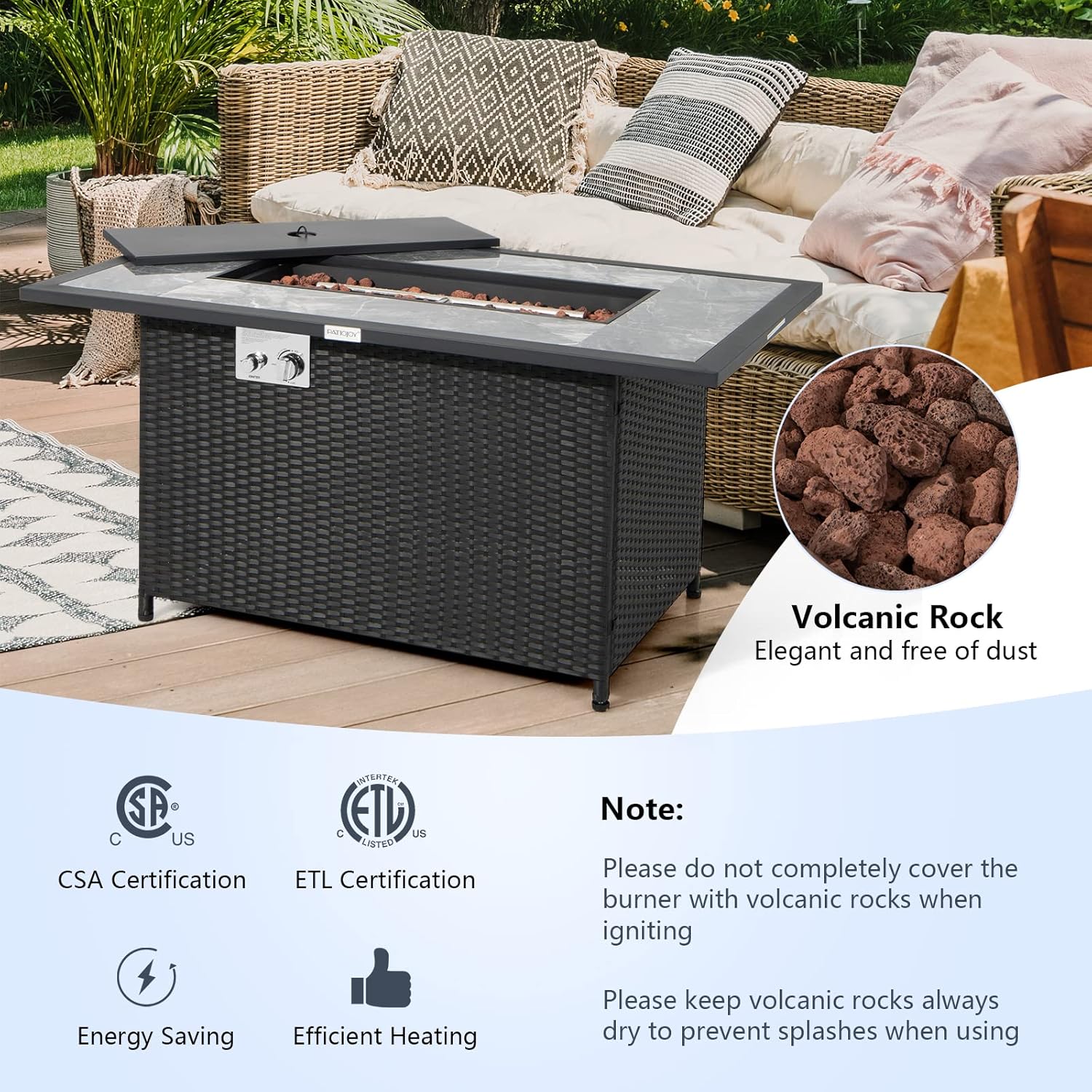Tangkula 52 Inches Wicker Patio Propane Fire Pit Table, Patiojoy 50,000 BTU Outdoor Gas Fire Table with Auto-Ignition, Hideaway Tank Holder, Marble Tabletop, Lava Rocks, Protective Cover and Lid