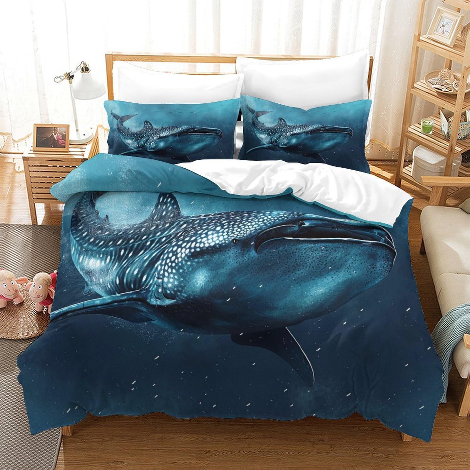 BARDYS Whale Shark Comforter Covers 3D Print Sea Animals for Teens And Adults Quilt Cover Duvet Cover Soft Microfiber Bedding Set with Pillow Cases with Zipper Closure 3 Pieces Single（140x200cm）