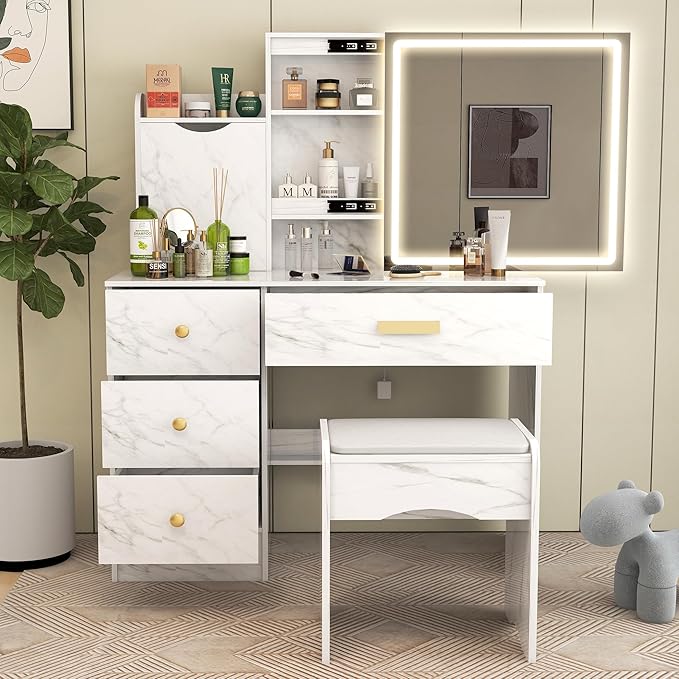 NeuType Makeup Vanity, Vanity with Mirror and Lights, Makeup Vanity with Lights, Makeup Vanity with Drawers and Shelves, Adjustable 3 Color Lighting Glow Vanity, Marble Pattern A-GE19004