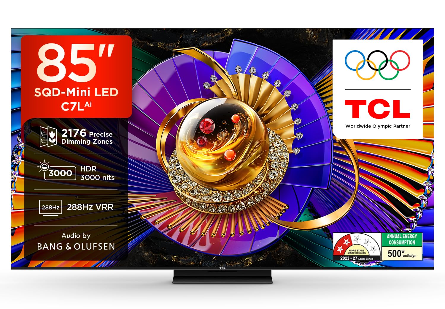 TCL 215 cm (85 inches) 4K SQD-MiniLED Google TV | 288Hz VRR | 3GB RAM | 54W B & O Hi-End Speakers | Upto HDR 30000nits | 85C7L