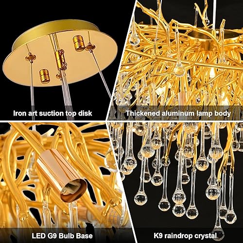 Miniatura 5 de Candelabro rectangular de cristal moderno de 47 pulgadas, lámpara de araña de gota de lluvia de rama dorada para techo alto, comedor, vestíbulo