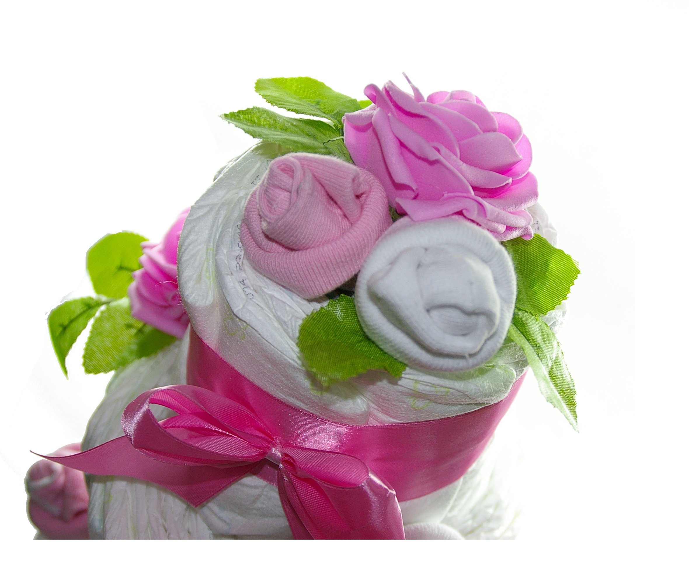 XXL Windeltorte rosa für Mädchen ROSENBLÜTE / 63-teilig/Geschenk zur Geburt, Babyparty & Babyshower / 45cm