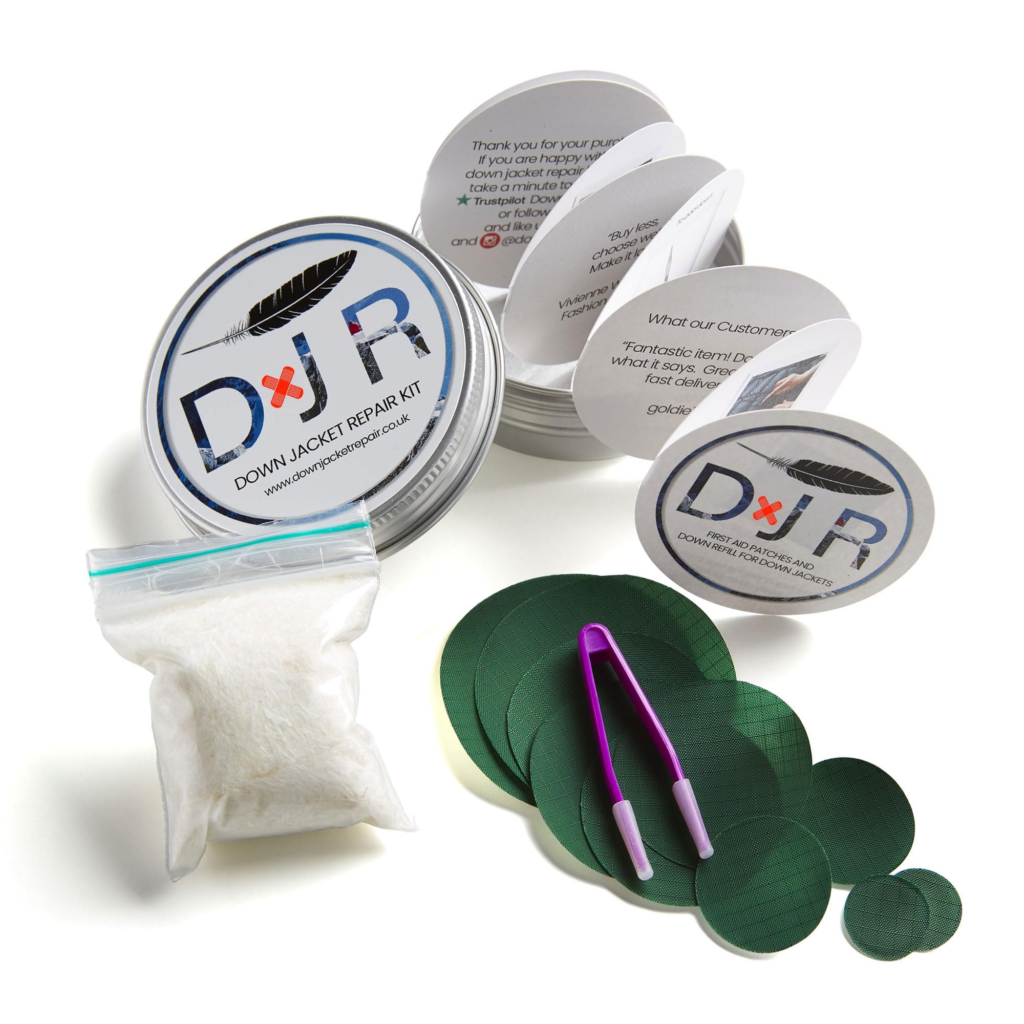 DJR COMPLETE DOWN JACKET REPAIR KIT - 10 Easy to Use, Pre-Cut, Self-Adhesive, Waterproof, Tear-Resistant Patches + 1g Pure Goose Down to Fix Holes in Down Jackets, Outdoor Gear (Bottle Green) — image 1