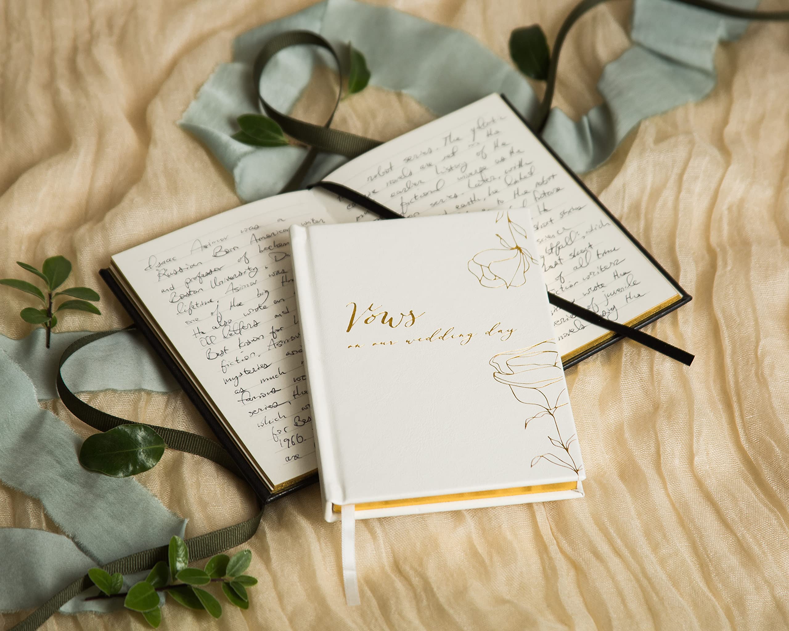 Gelübde an unserem Hochzeitstag Gelübdebücher (2er-Set) - Schwarz & Weiß, Taschenbuchformat, mit Folienprägung, Laubdesign für Hochzeitszeremonie, Erneuerung der Gelübde, Rede, Notizbuch, Planer