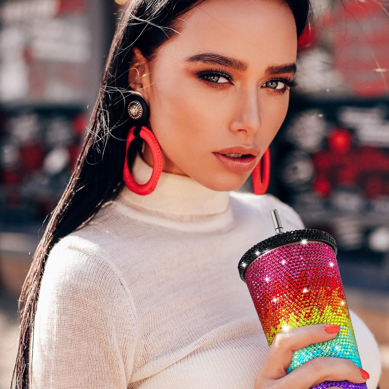 Mimorou Studded Bling Diamond Tumbler Glitter Water Bottle with Lid Stainless Steel Vacuum Thermal Straw Rhinestone Tumbler with 1 Pcs Cup Brush 6 Pcs Straw Brushes for Women(rainbow Color,16.9 Oz)