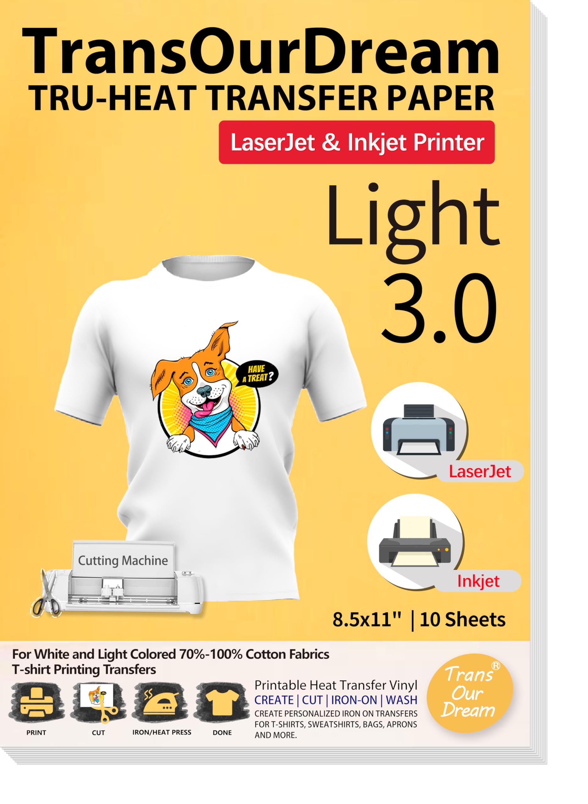 TransOurDream Heat Transfer Paper for Inkjet & Laserjet Printer (10 Sheets 8.5x11, Light 3.0) Printable HTV Heat Transfer Vinyl for T Shirts Iron on Transfers Paper for Light Fabric