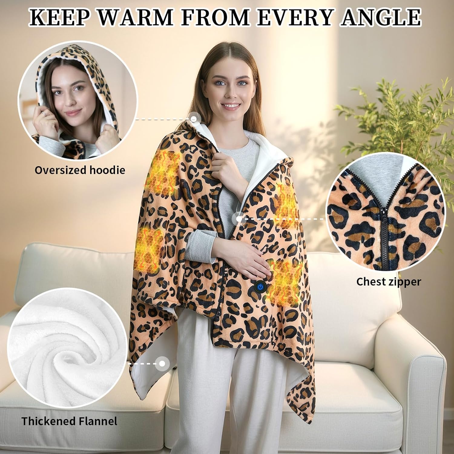 USB Heated Blanket Type-C Heated Hoodie Throw Blanket Electric Shawl Leopard Print 1 Heating Level Wearable Soft Heating Shawl for Neck & Shoulder, Winter Gifts for Women Travel,Camping,Bed
