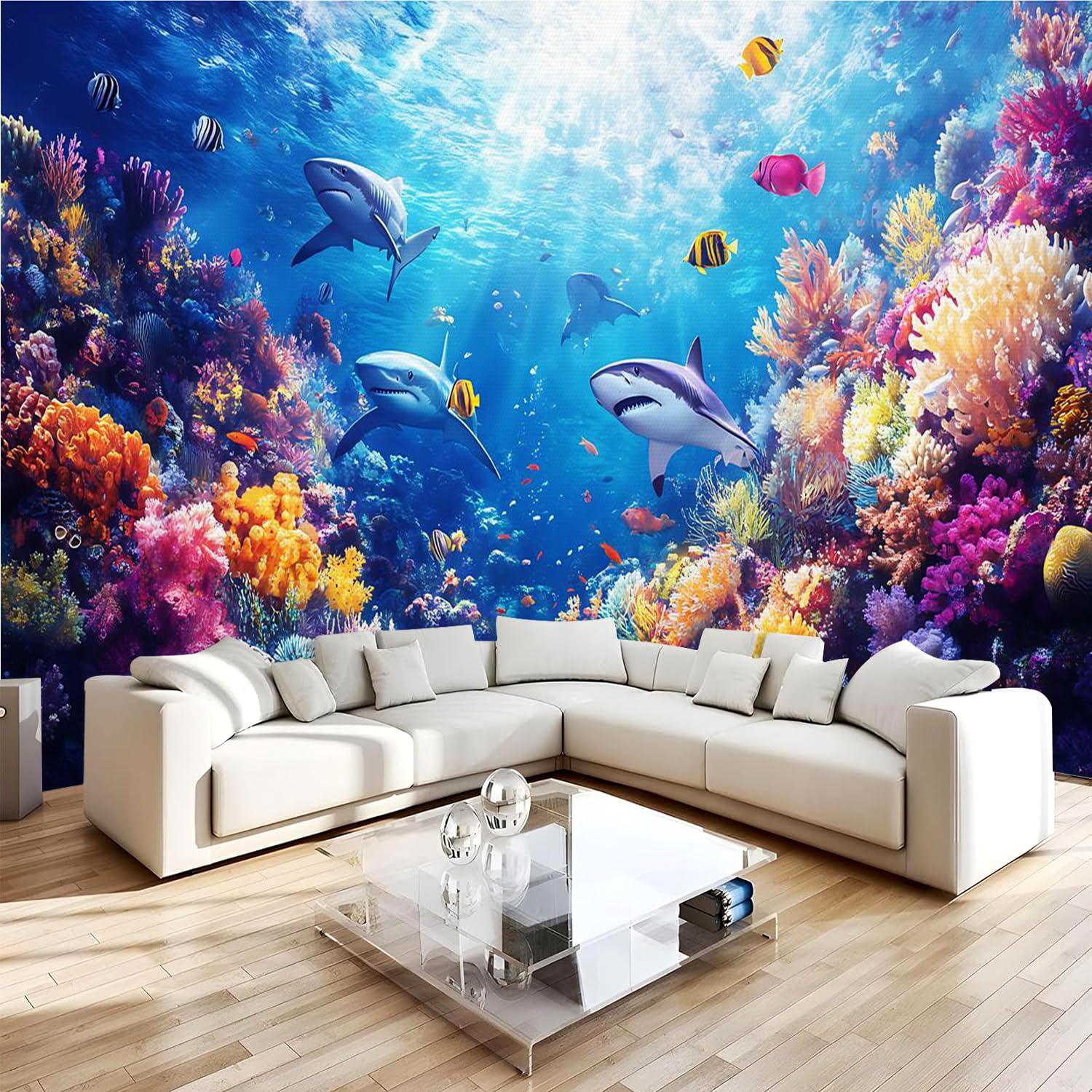 Papier peint panoramique 3D requin haut de gamme en intissé robuste pour poster mural 400x280