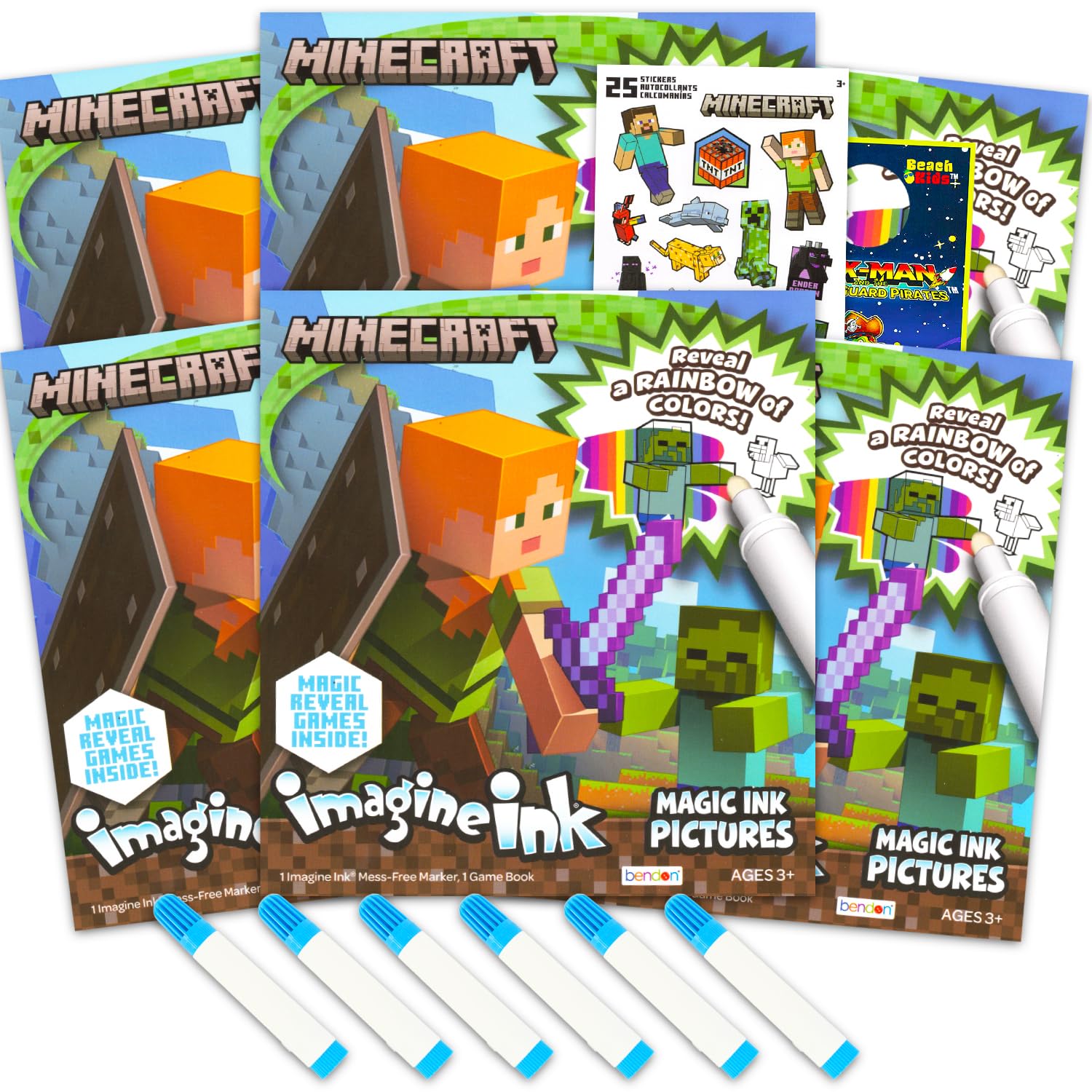 Minecraft Imagine Ink Coloring Book Set for Kids - 6 Pack No-Mess Magic Ink Coloring Books featuring Minecraft with Stickers and Door Hanger | Video