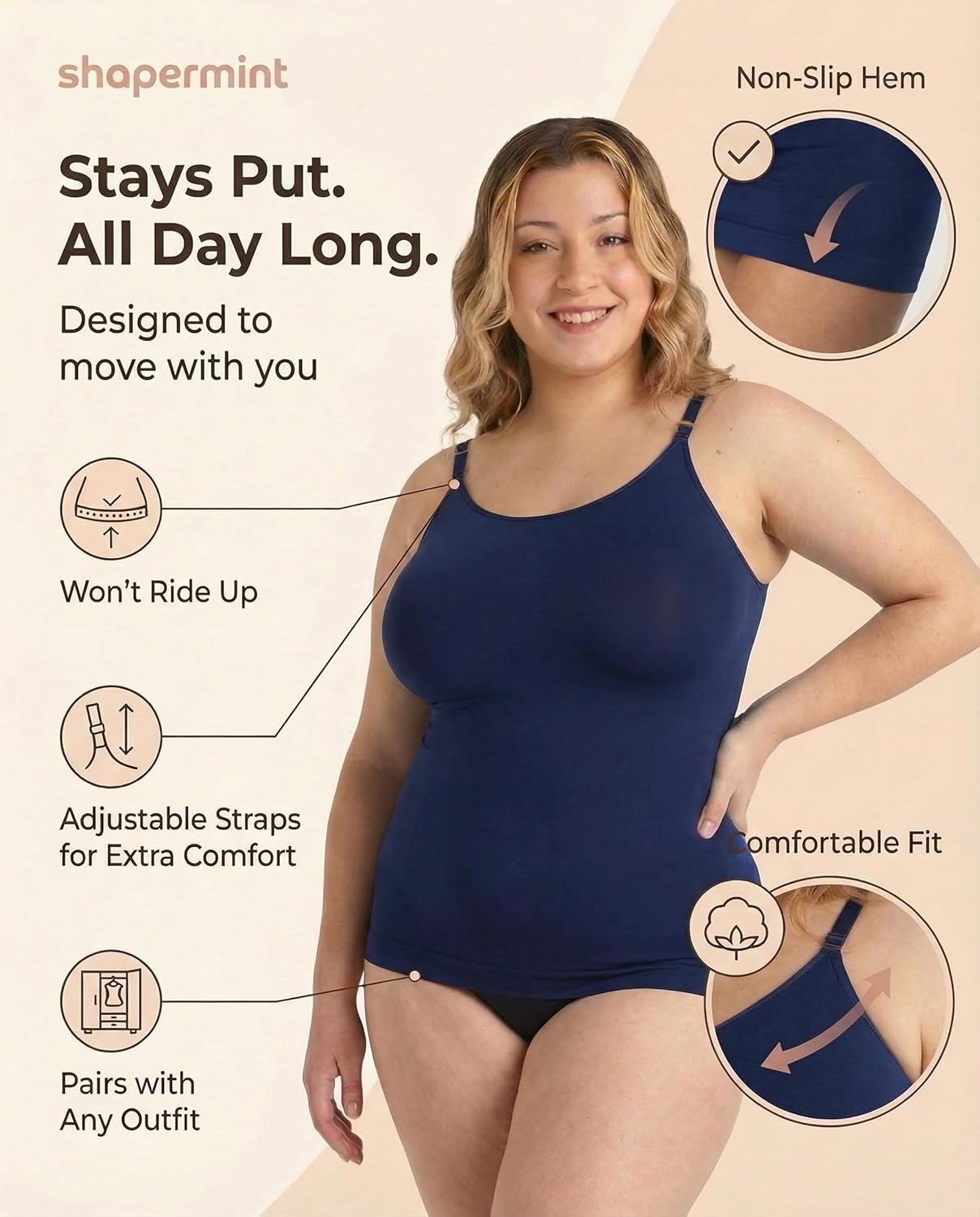 SHAPERMINT Womens Tops - Scoop Neck Cami Body Shaper for Women, Shapewear Tummy Control, Camisole Tank Tops for Women thumbnail
