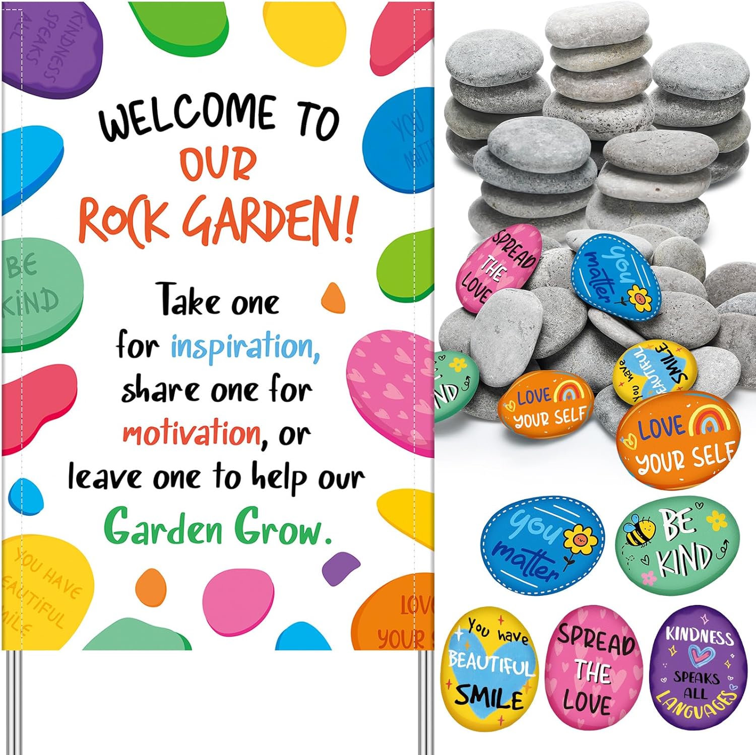 Yalikop 46 Pcs Rock Garden Decor Painting Rocks with Welcome to Our Rock Garden Sign for DIY Painting for School Community World Kindness Week Decorations